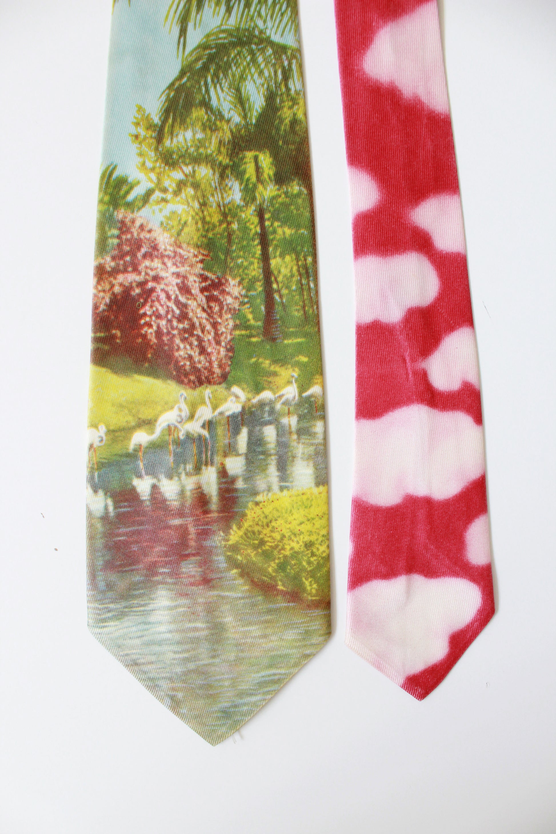 Vintage 1950s Pink Flamingo Rayon Photo Print Tie, Handmade Mid Century 