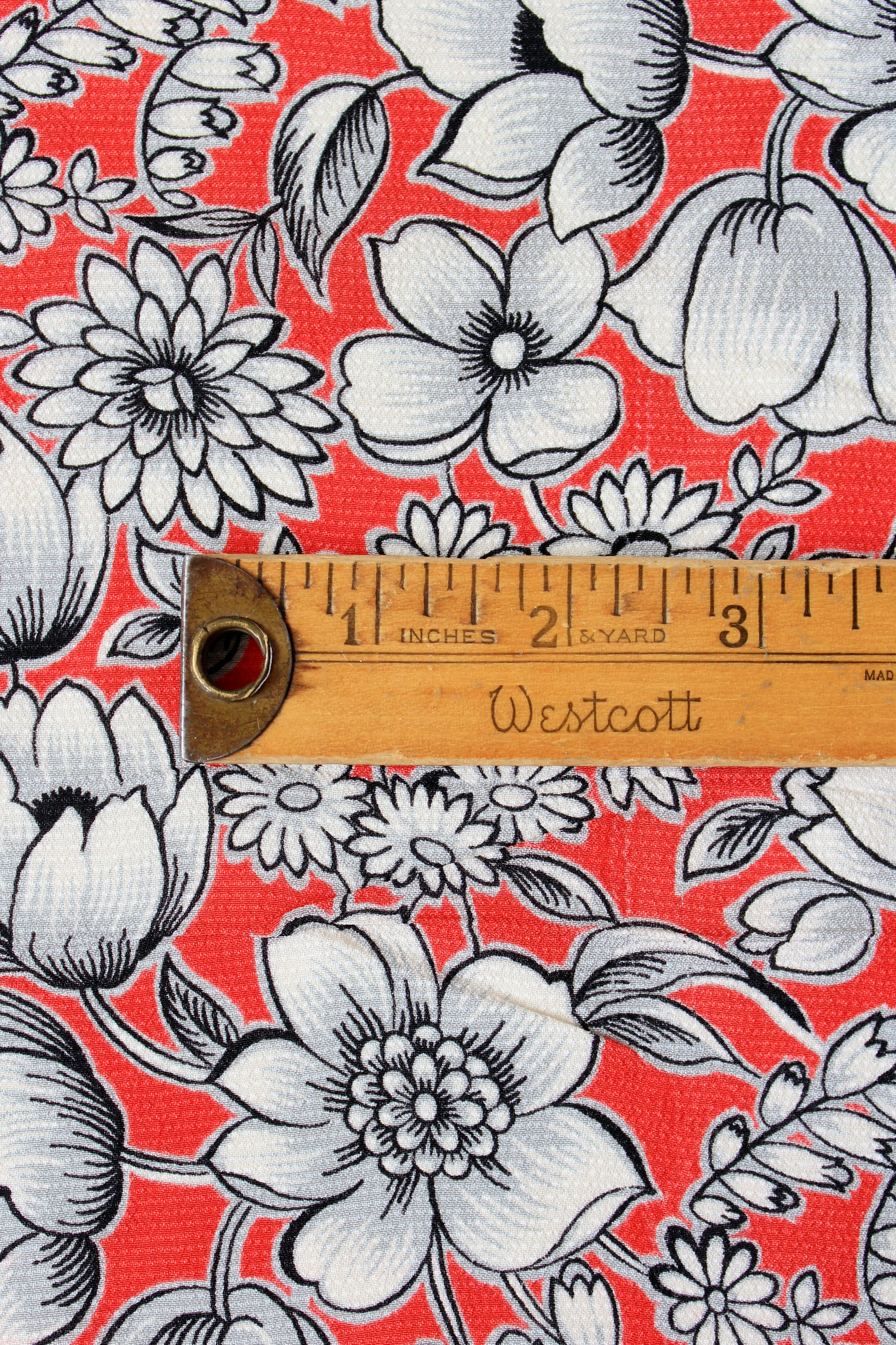 1940s Coral White And Black Floral Print Rayon Sewing Fabric, 2.25 Yards