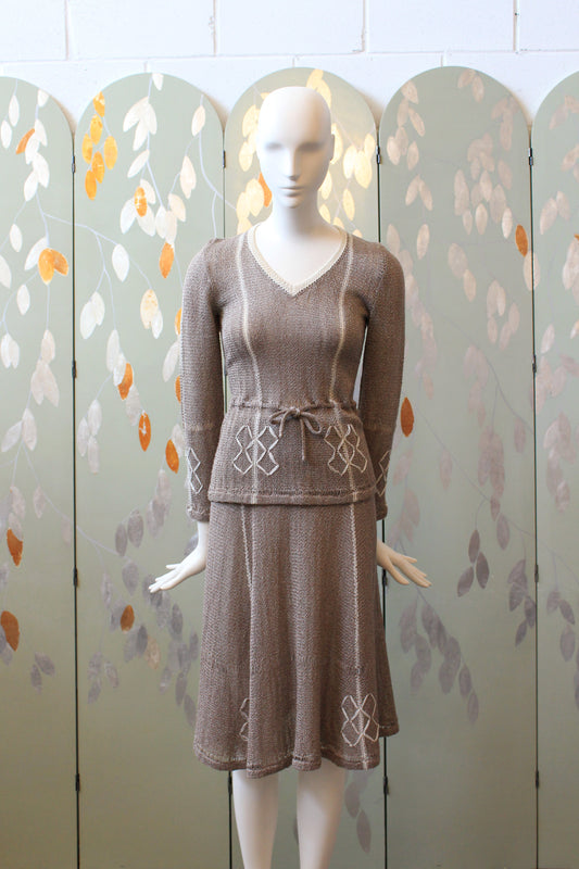 1970s Knit Mary Farrin Taupe 3PC Skirt and Top Set, XS