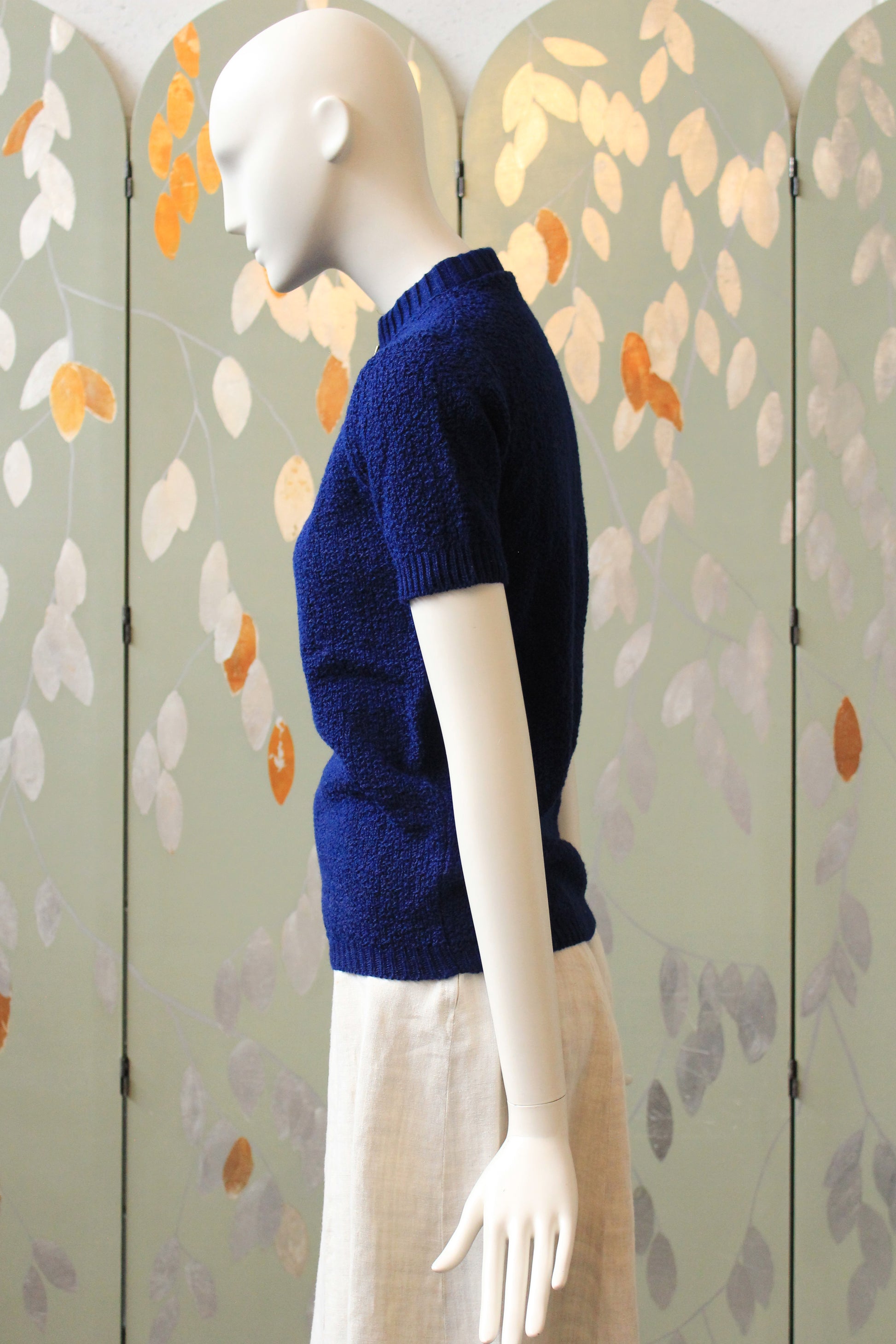 1970s Deadstock Short Sleeve Navy Blue Acrylic Knit Top With Zipper, Small