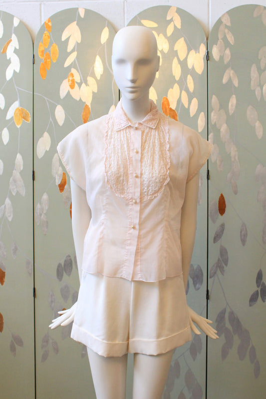 Vintage 1950s Light Pink Nylon Short Sleeve Blouse With Embroidered Yoke, XS