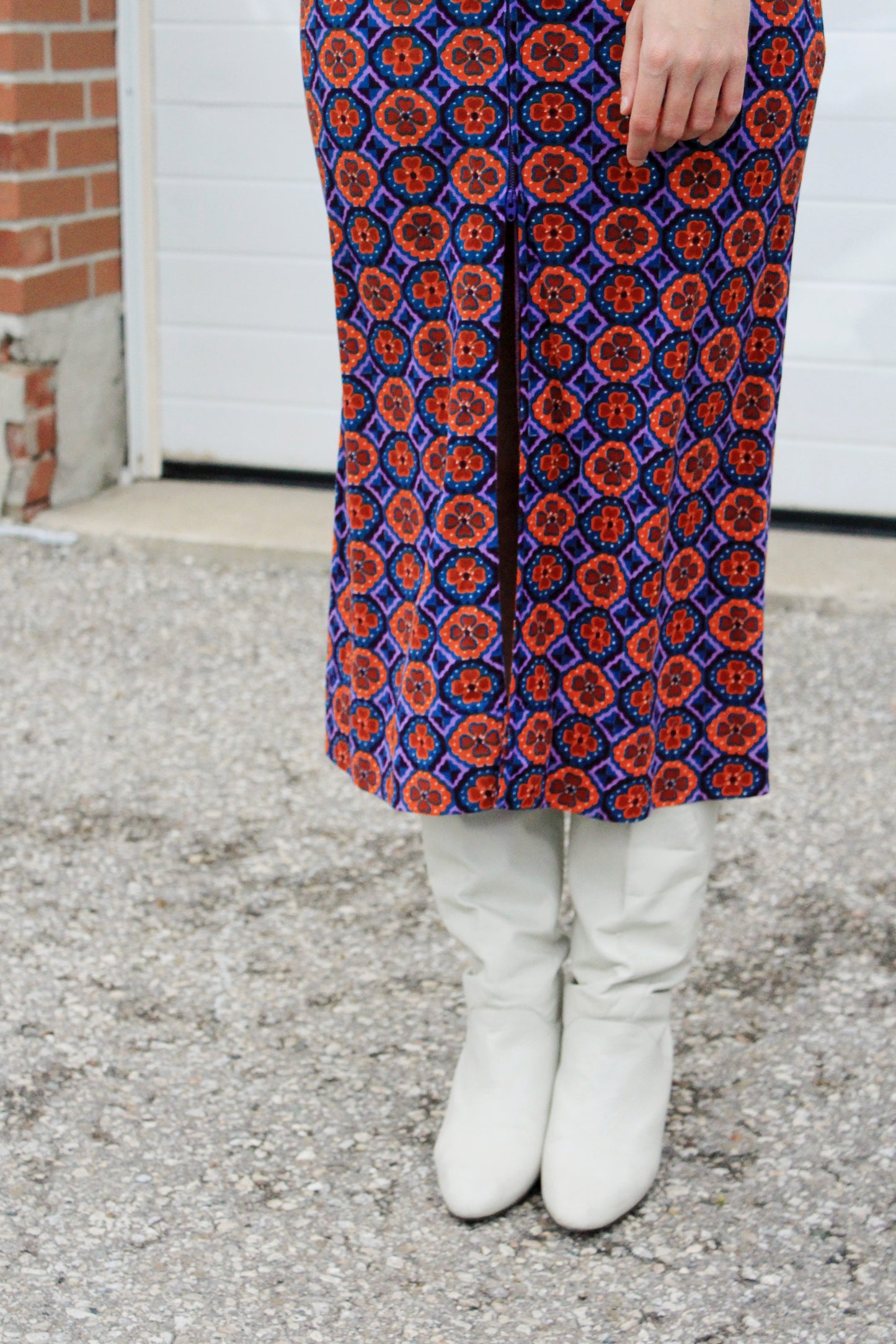 Vintage 1970s Purple and Orange Patterned Long Sleeve Lace-Up Front Maxi Dress, Small