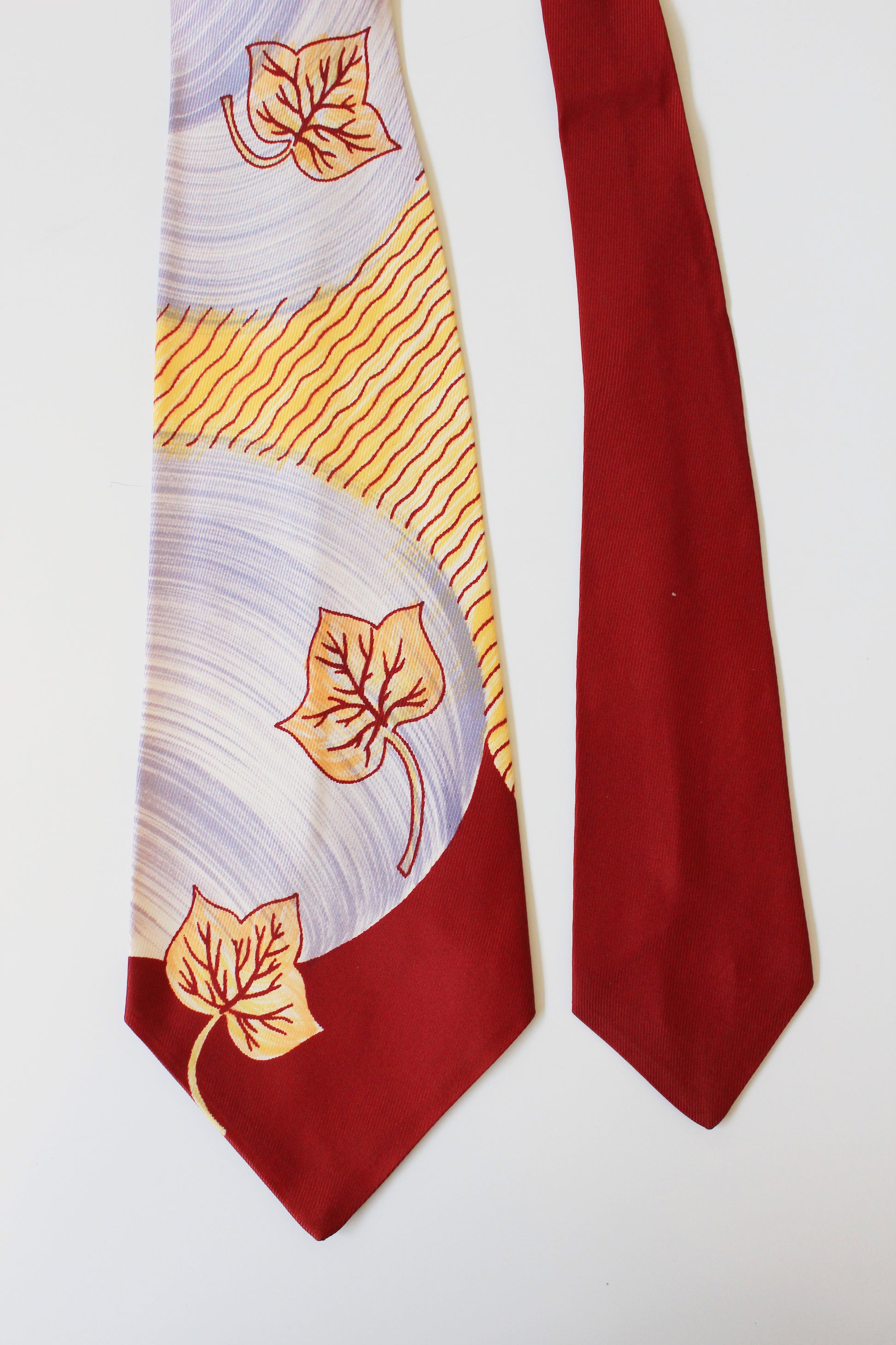 Vintage Late 1940s Burgundy And Mustard Leaf Hand-Painted Tie