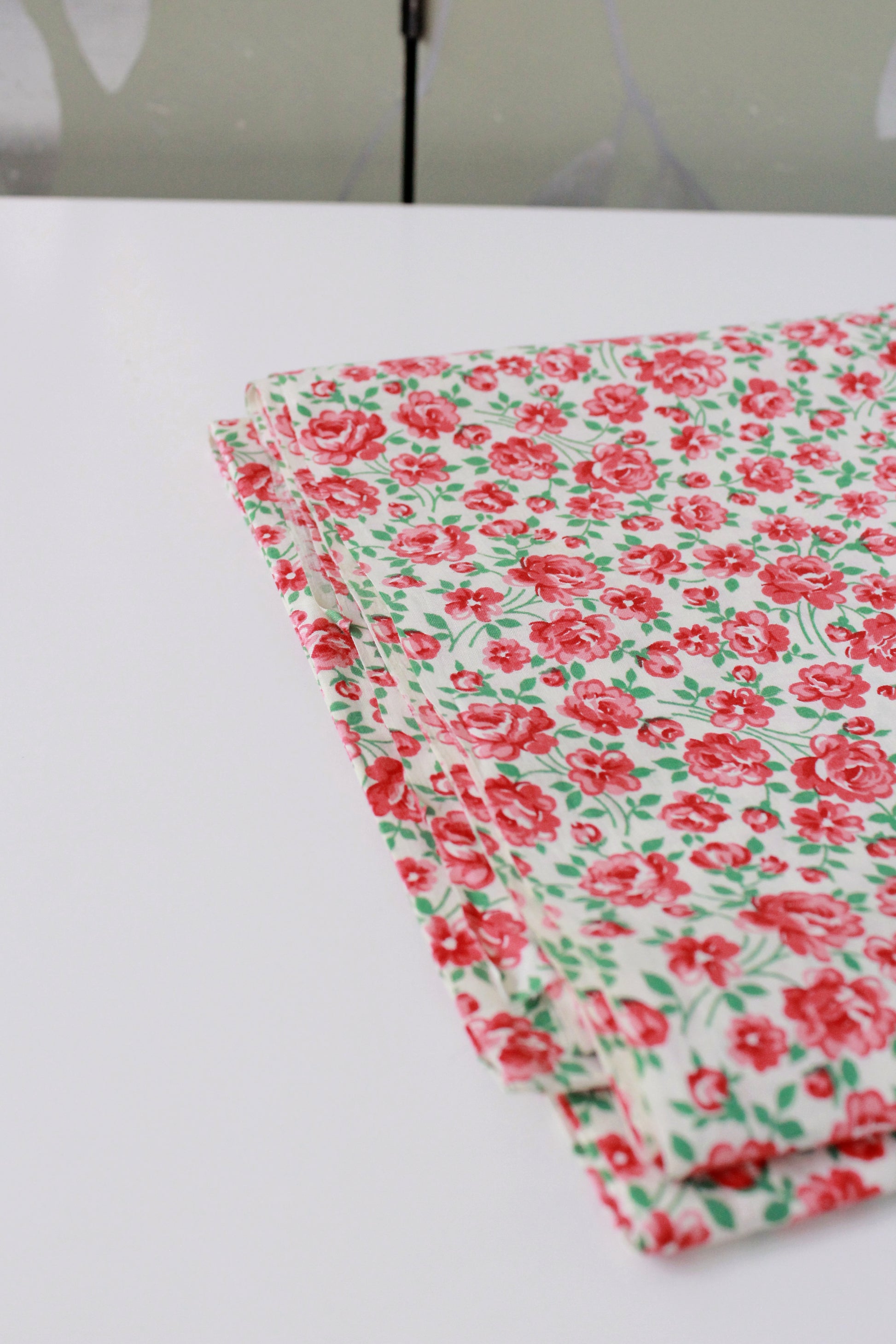 Vintage 1960s White/Red/Green Small Floral Cotton Fabric, 3.6 Yards