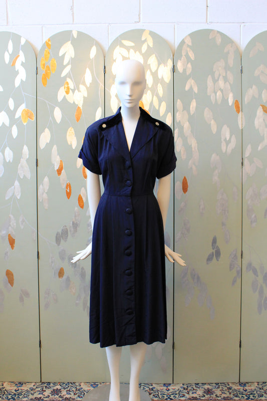 1950s Navy Short Sleeve Blue Dress With Velvet Collar Detail, Large