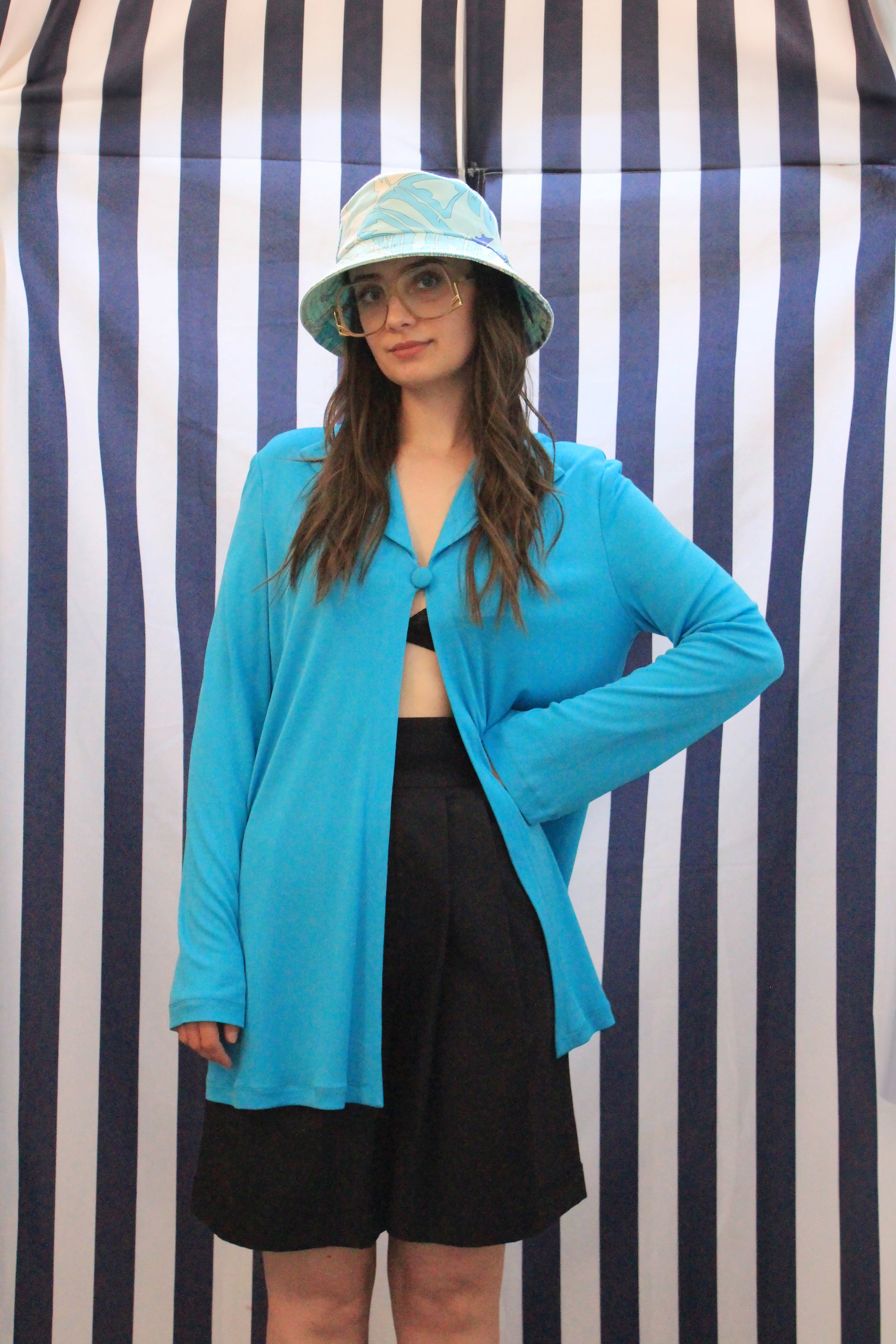 Vintage 1990s Blue Long Sleeve Open-Front Jersey Blouse, Medium  