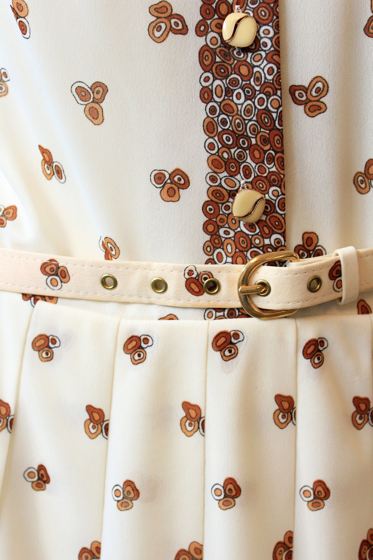 Early 1980s Cream Long Sleeve Pleated Dress With Brown Circle Details And Matching Belt, Small