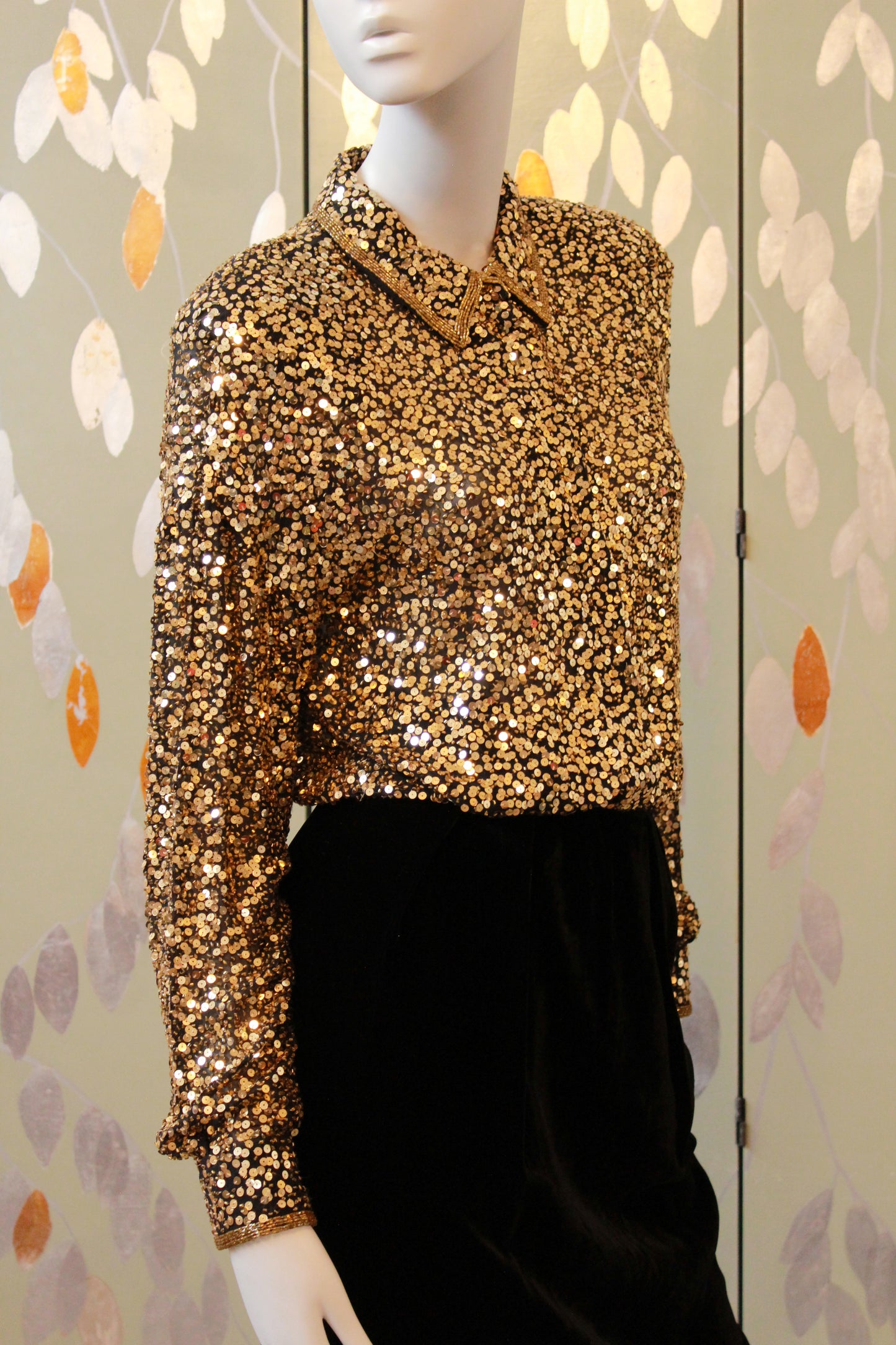 Vintage 1980s Oleg Cassini Gold Sequin Body Suit, M/L