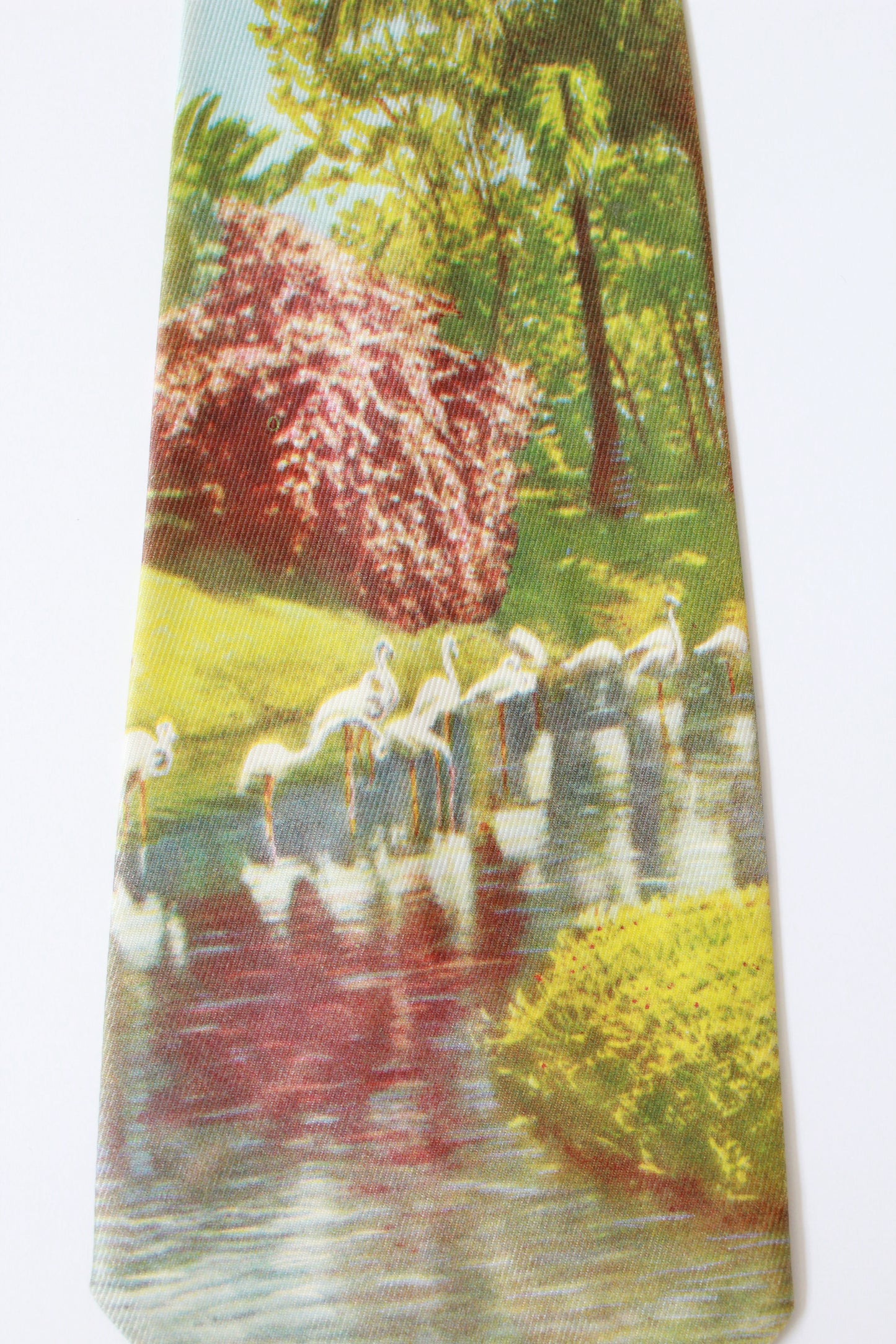 Vintage 1950s Pink Flamingo Rayon Photo Print Tie, Handmade Mid Century 