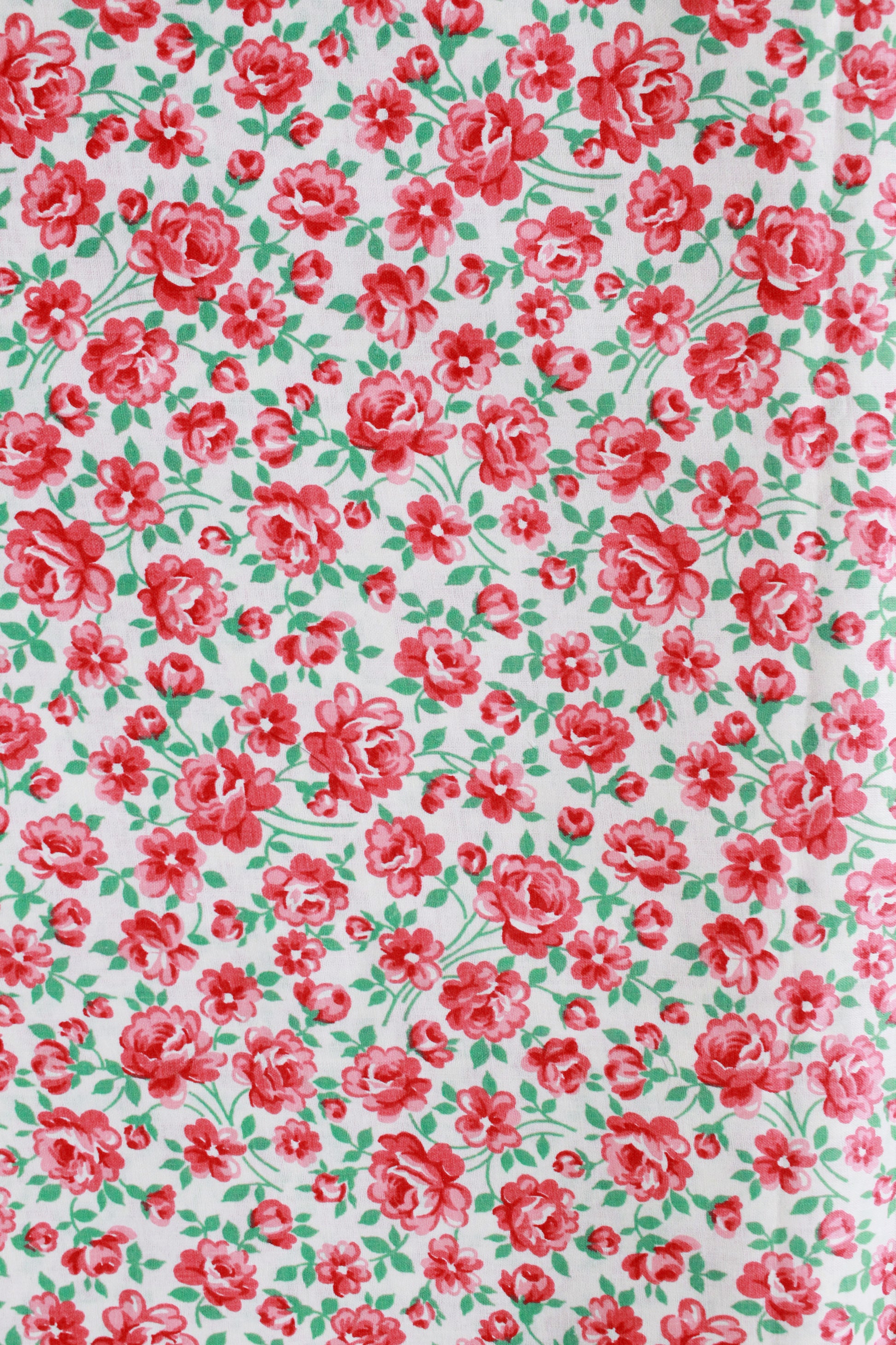 Vintage 1960s White/Red/Green Small Floral Cotton Fabric, 3.6 Yards