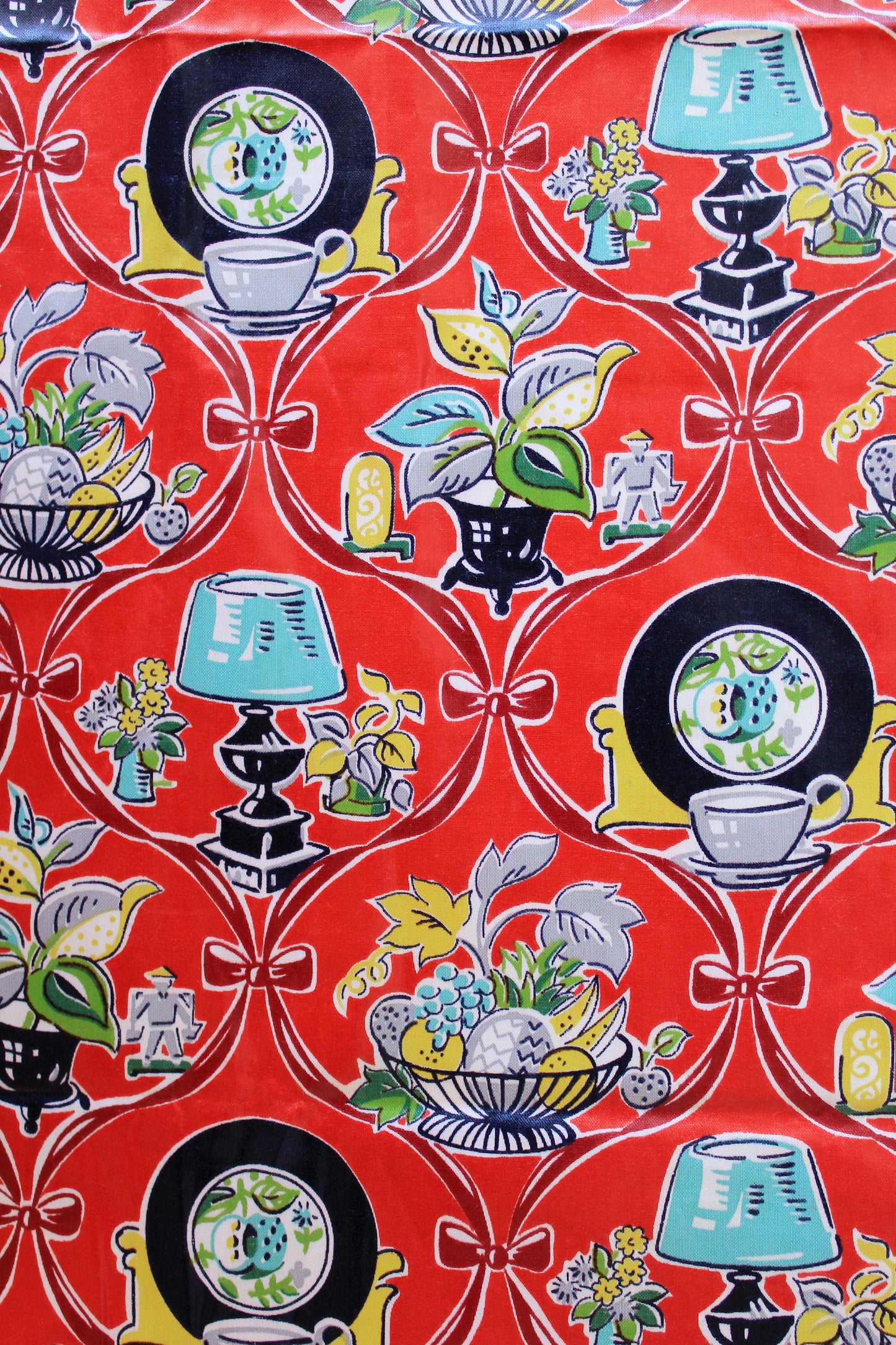 1960s Novelty Fruit Bowl And Floral Print With Bows Polished Cotton Fabric, 3.1 Yards