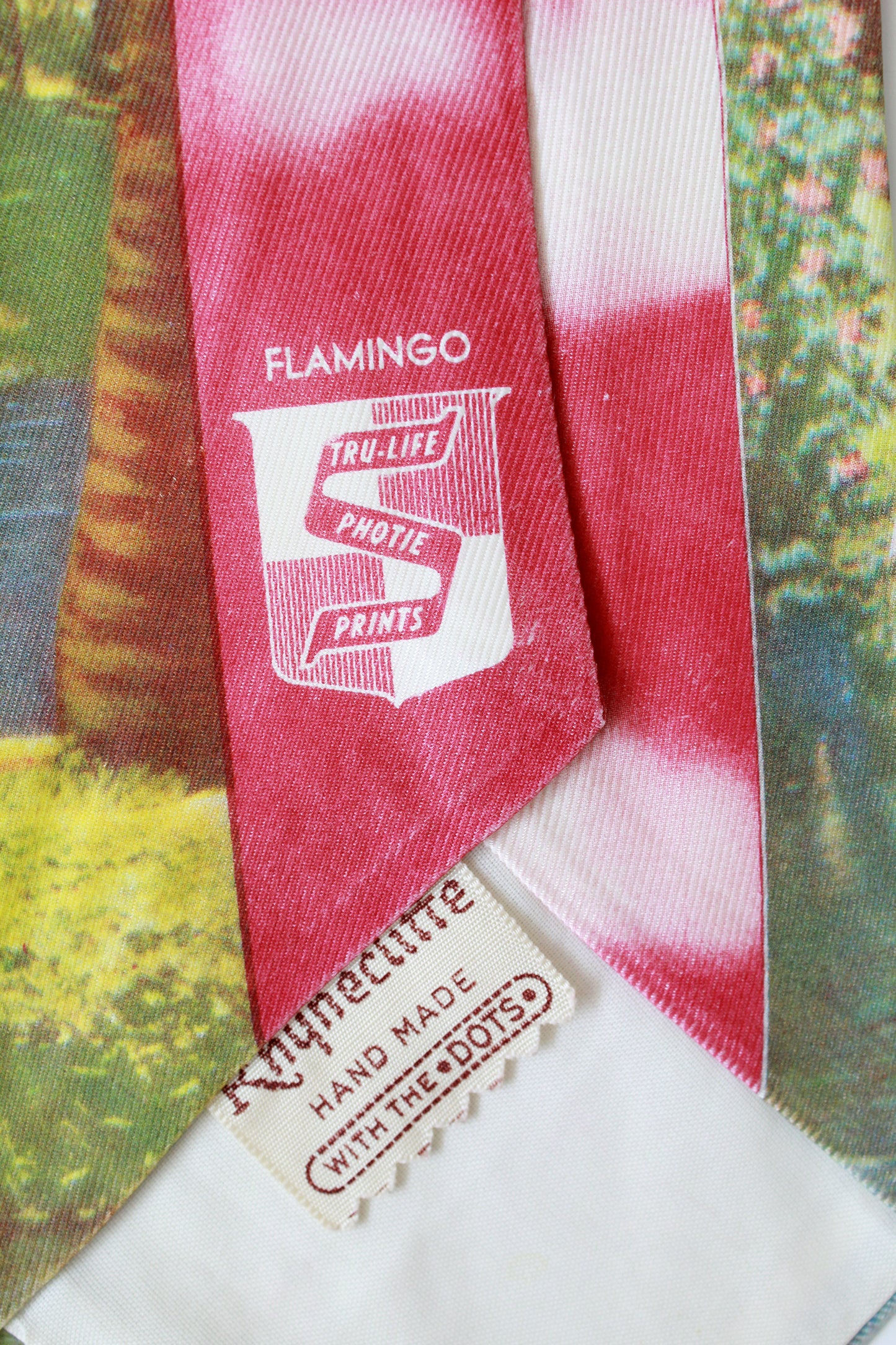 Vintage 1950s Pink Flamingo Rayon Photo Print Tie, Handmade Mid Century 