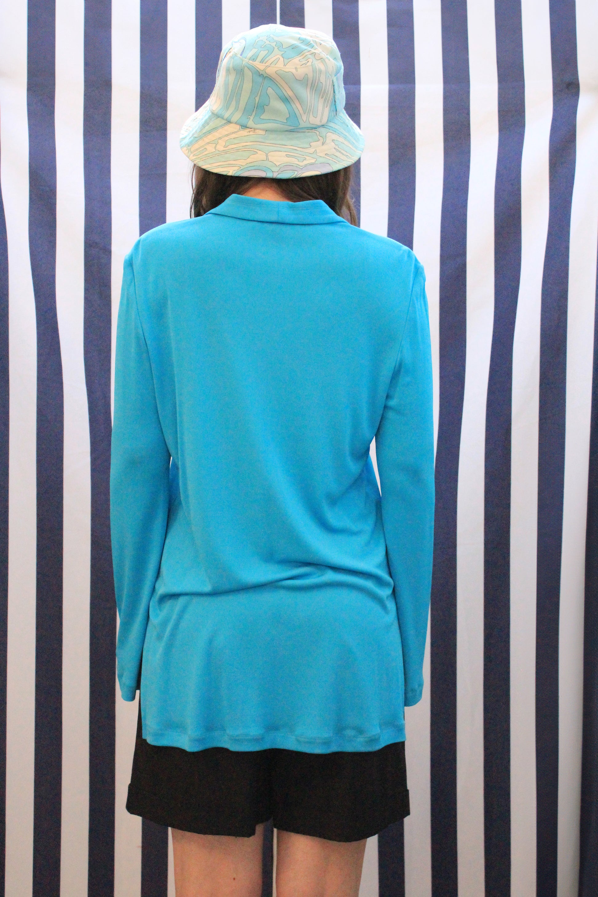 Vintage 1990s Blue Long Sleeve Open-Front Jersey Blouse, Medium  