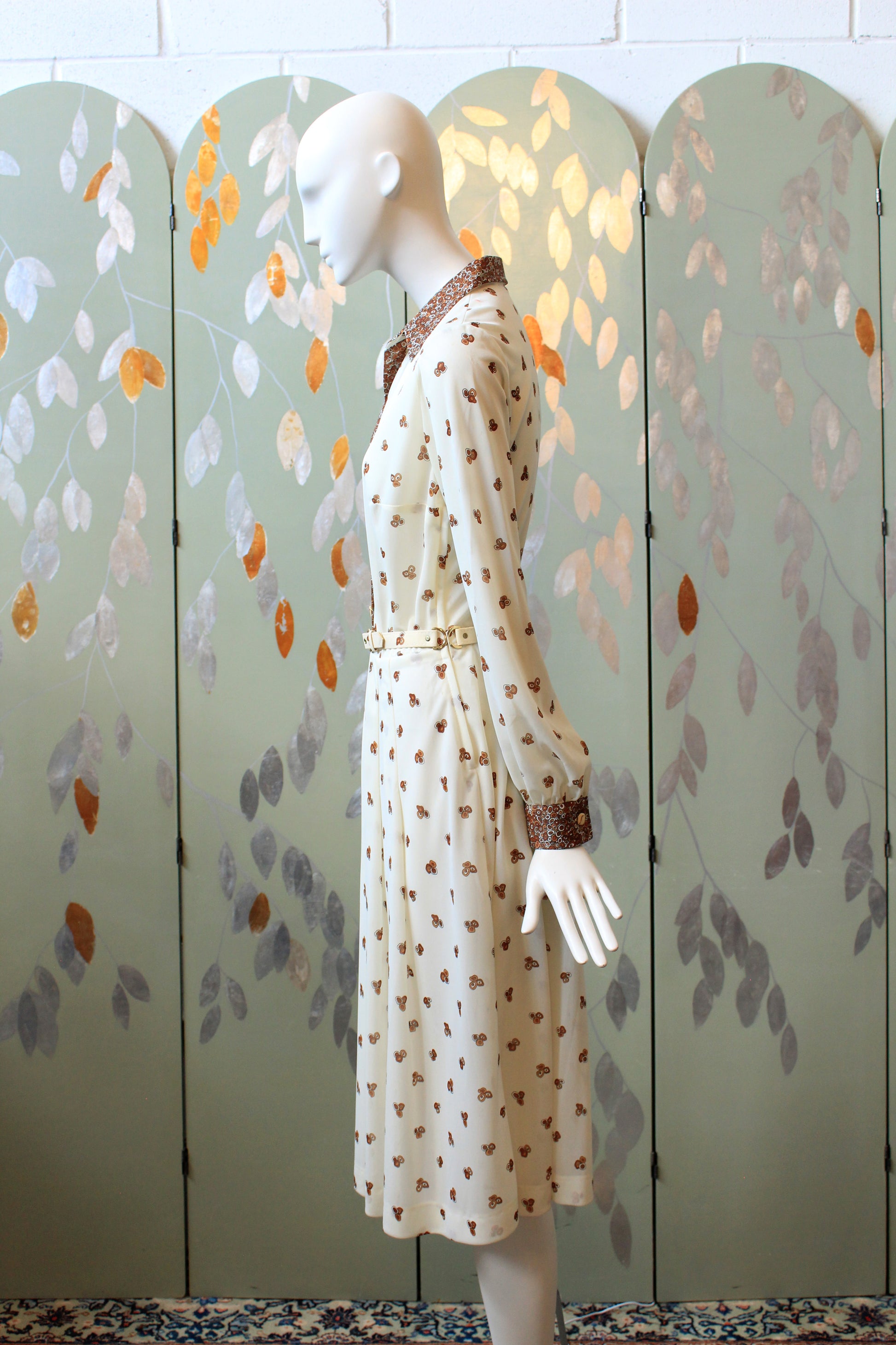 Early 1980s Cream Long Sleeve Pleated Dress With Brown Circle Details And Matching Belt, Small
