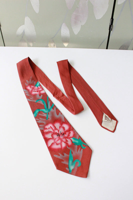 Vintage 1950s Burnt Orange Floral Print Tie, De luxe HOLLYVOGUE