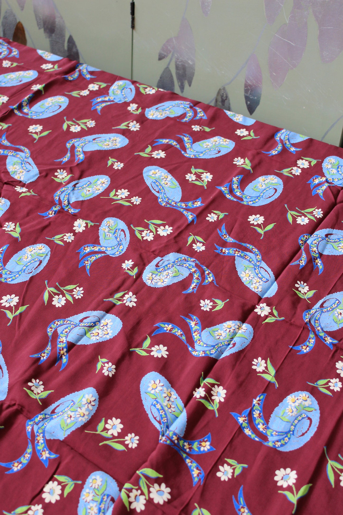 1940s Burgundy And Light Blue Sunhat Print Rayon Sewing Fabric, 2 Yards