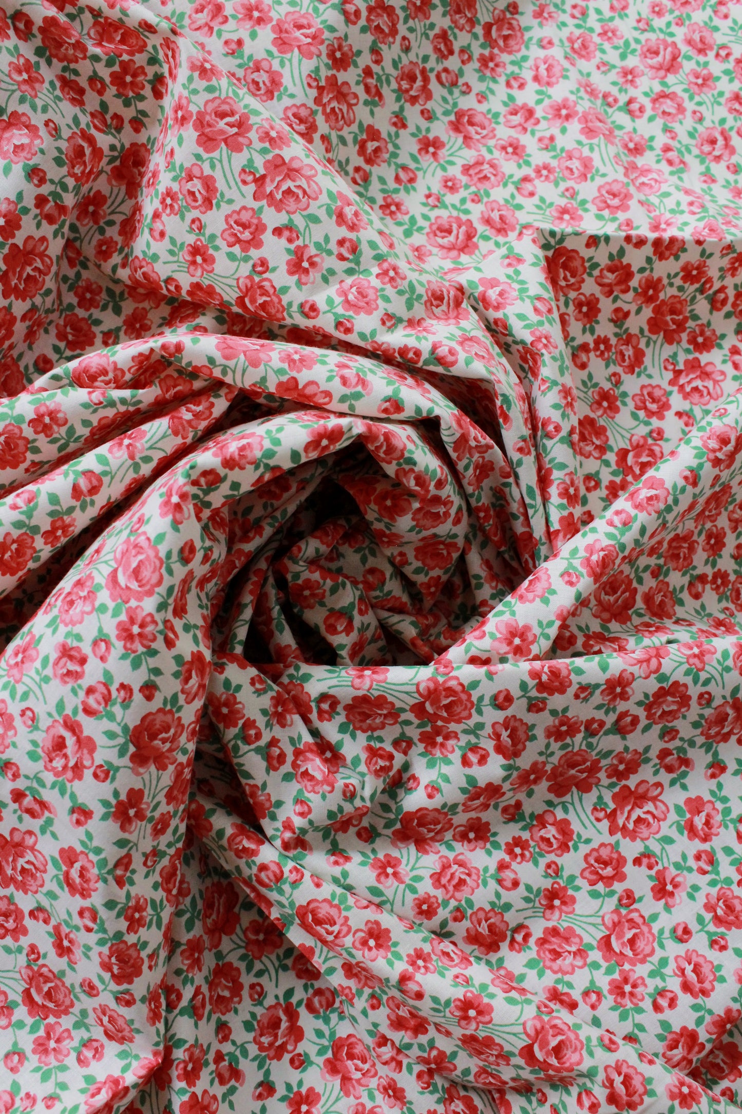 Vintage 1960s White/Red/Green Small Floral Cotton Fabric, 3.6 Yards