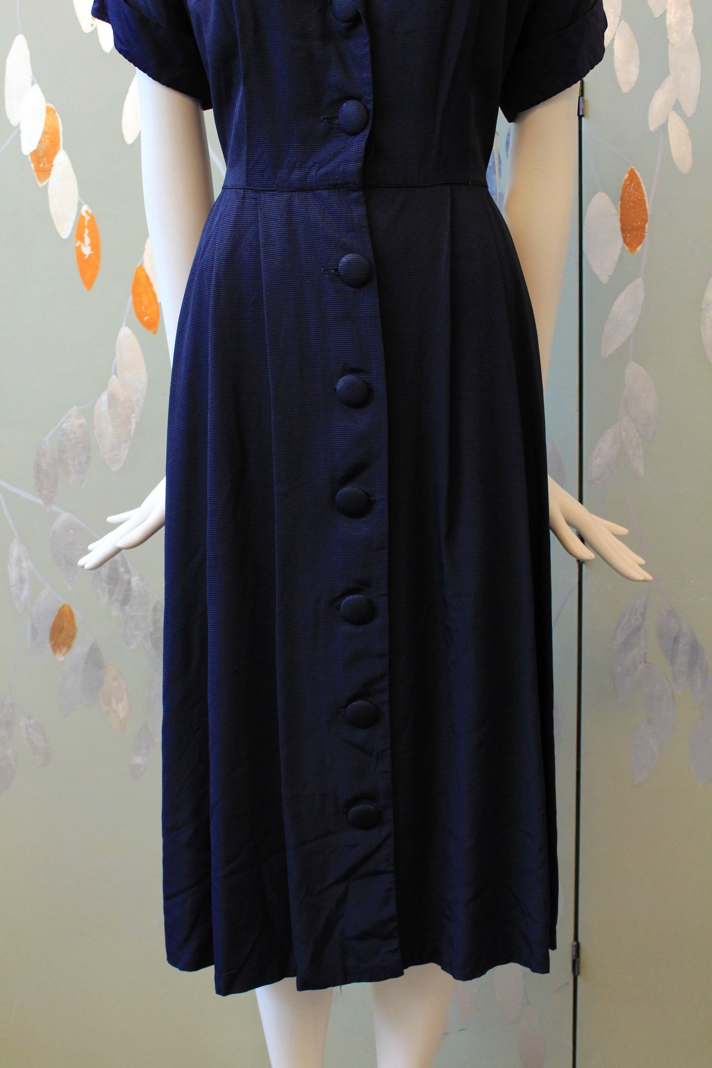 1950s Navy Short Sleeve Blue Dress With Velvet Collar Detail, Large