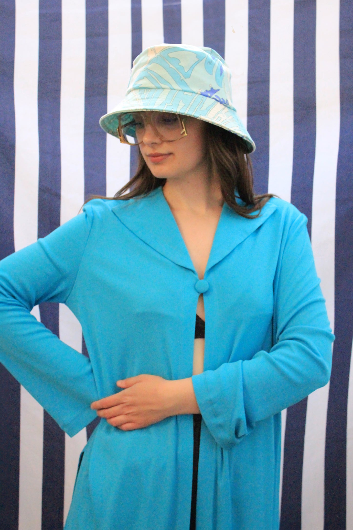 Vintage 1990s Blue Long Sleeve Open-Front Jersey Blouse, Medium  