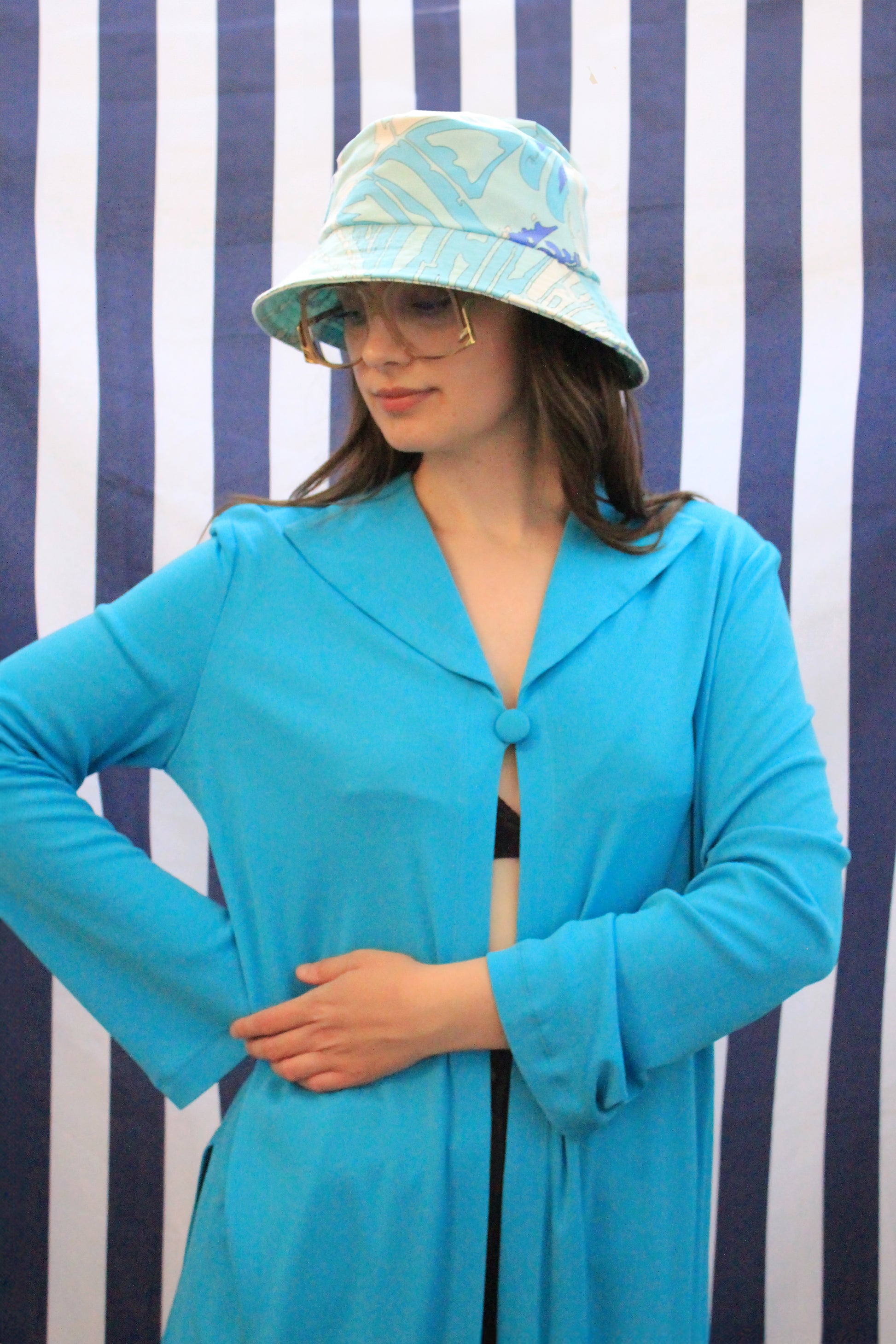 Vintage 1990s Blue Long Sleeve Open-Front Jersey Blouse, Medium  