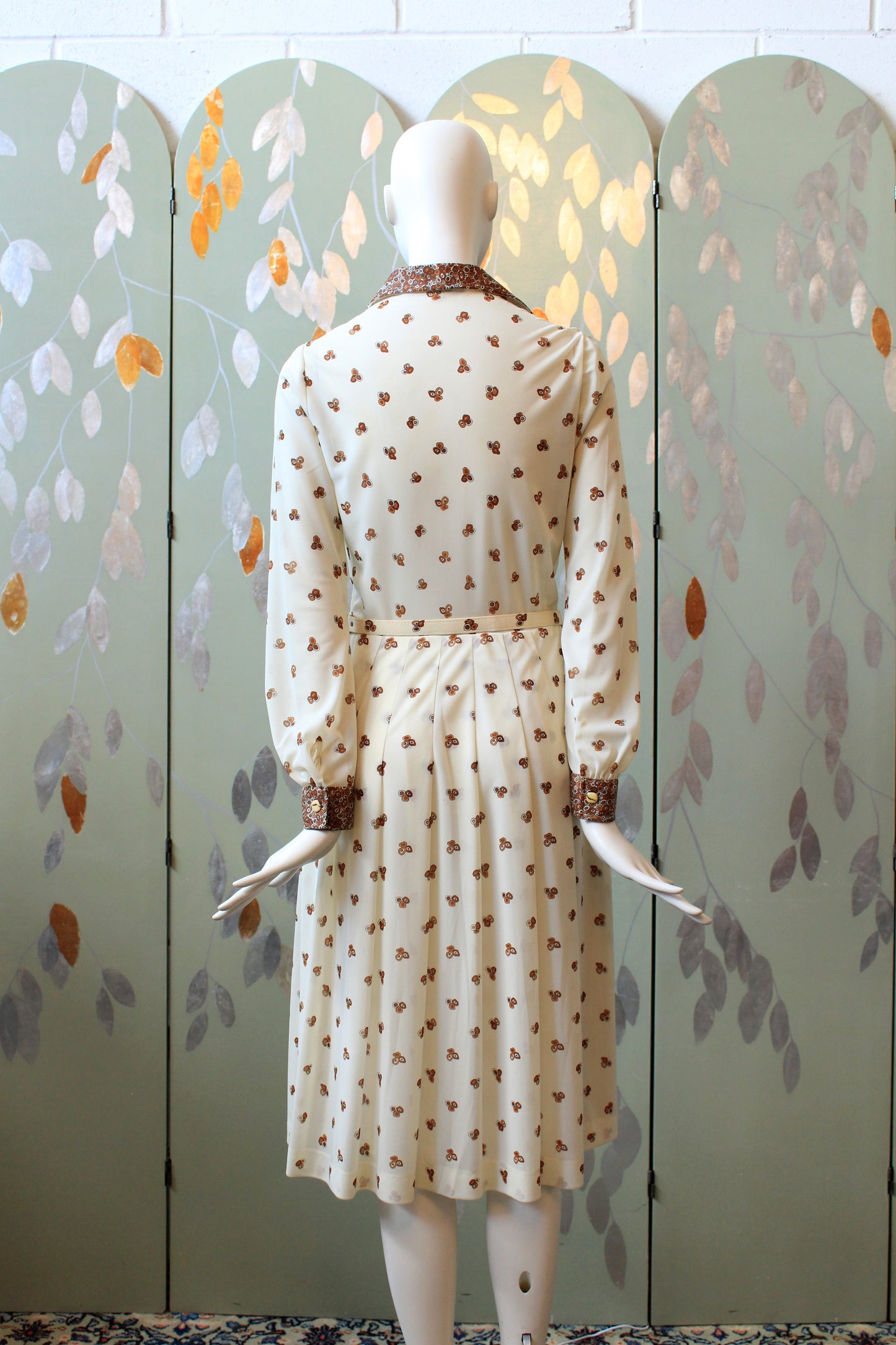 Early 1980s Cream Long Sleeve Pleated Dress With Brown Circle Details And Matching Belt, Small