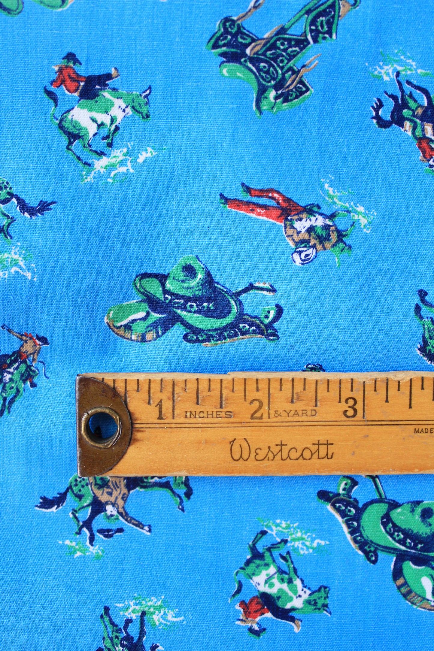 1960s Novelty Western Cowboy Print In Bright Blue Cotton Sewing Fabric, 3.6 Yards