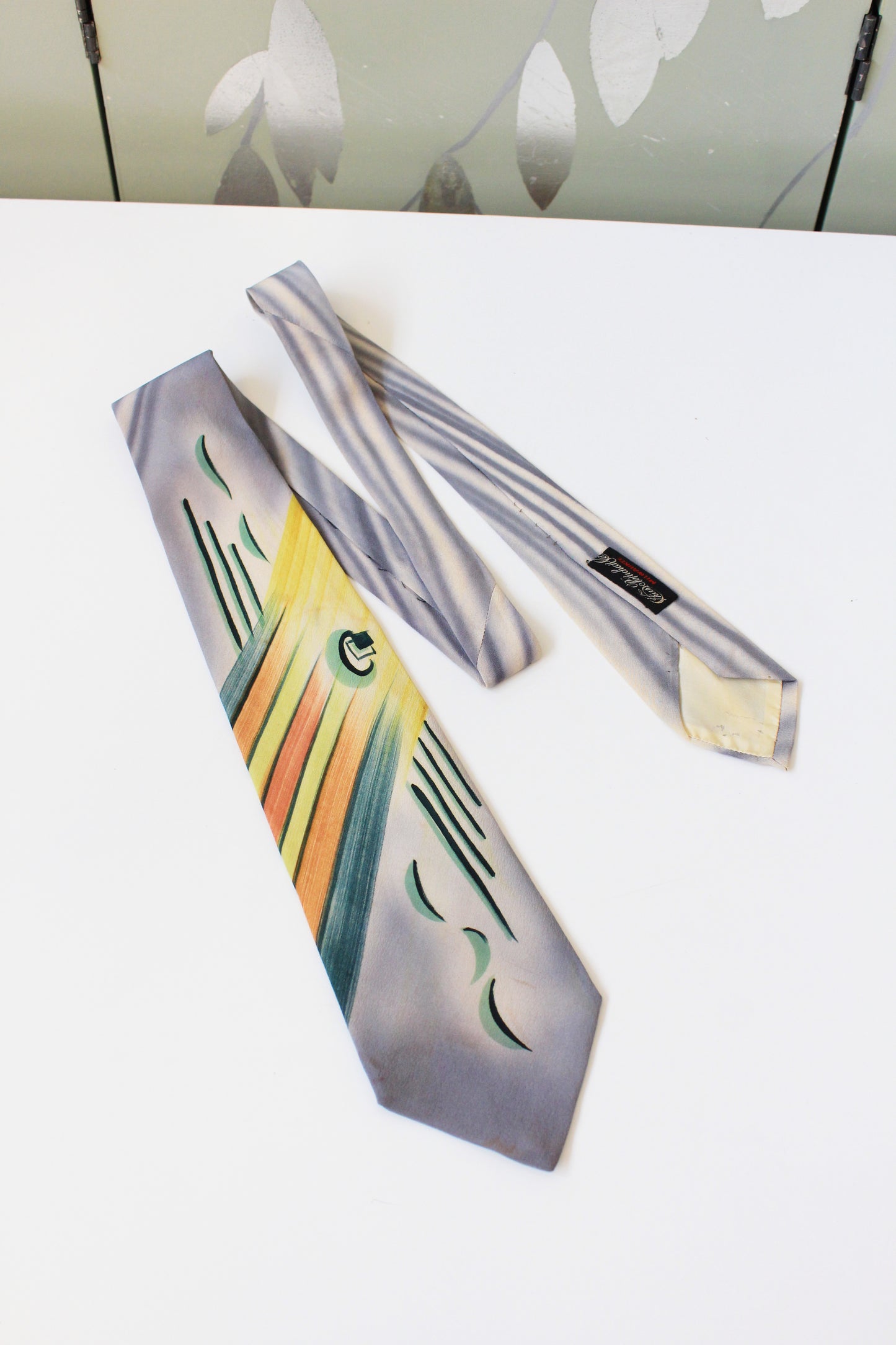 Vintage 1940s Hand-Painted Emerald City Art Deco Silk Tie