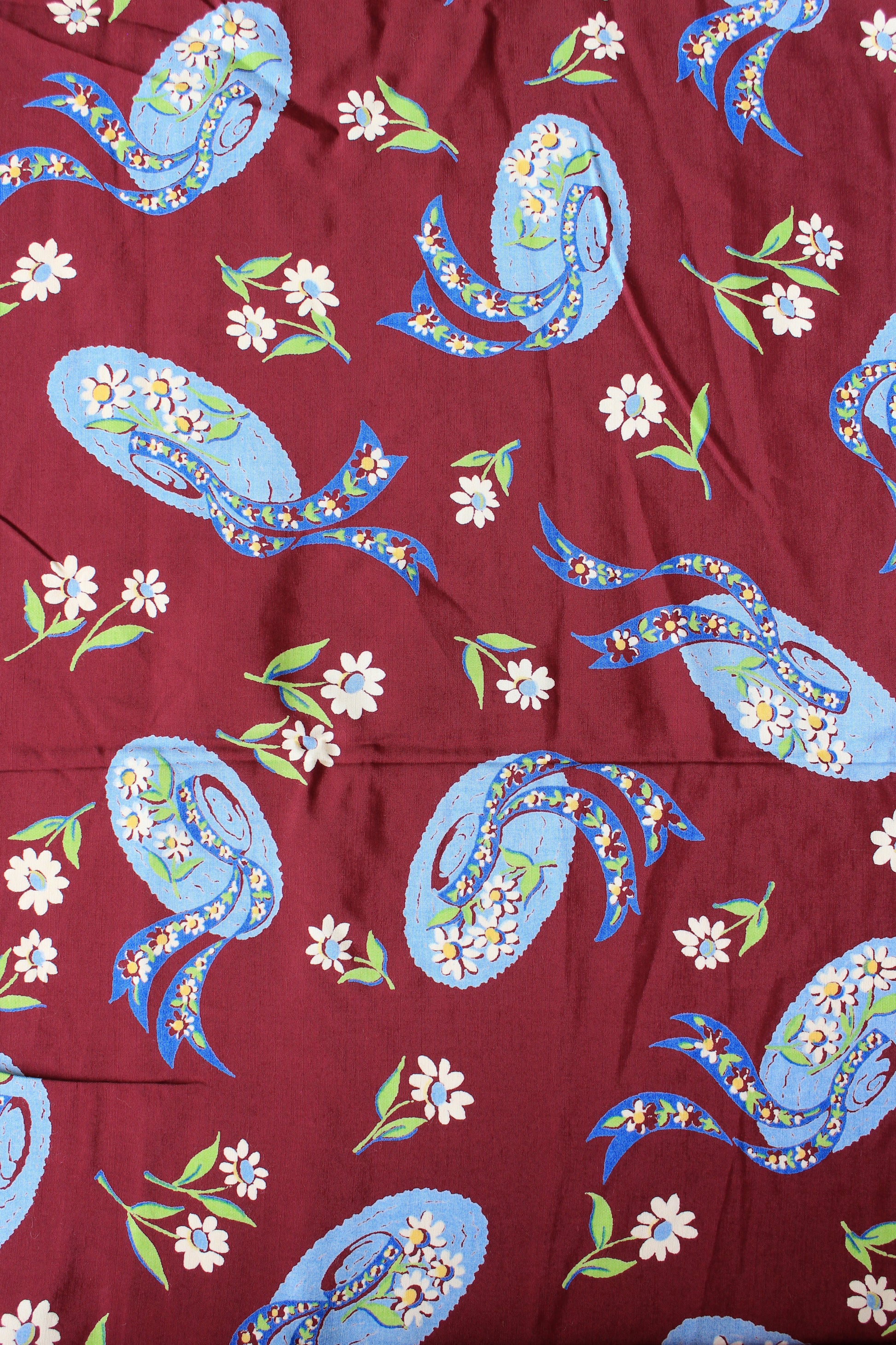 1940s Burgundy And Light Blue Sunhat Print Rayon Sewing Fabric, 2 Yards