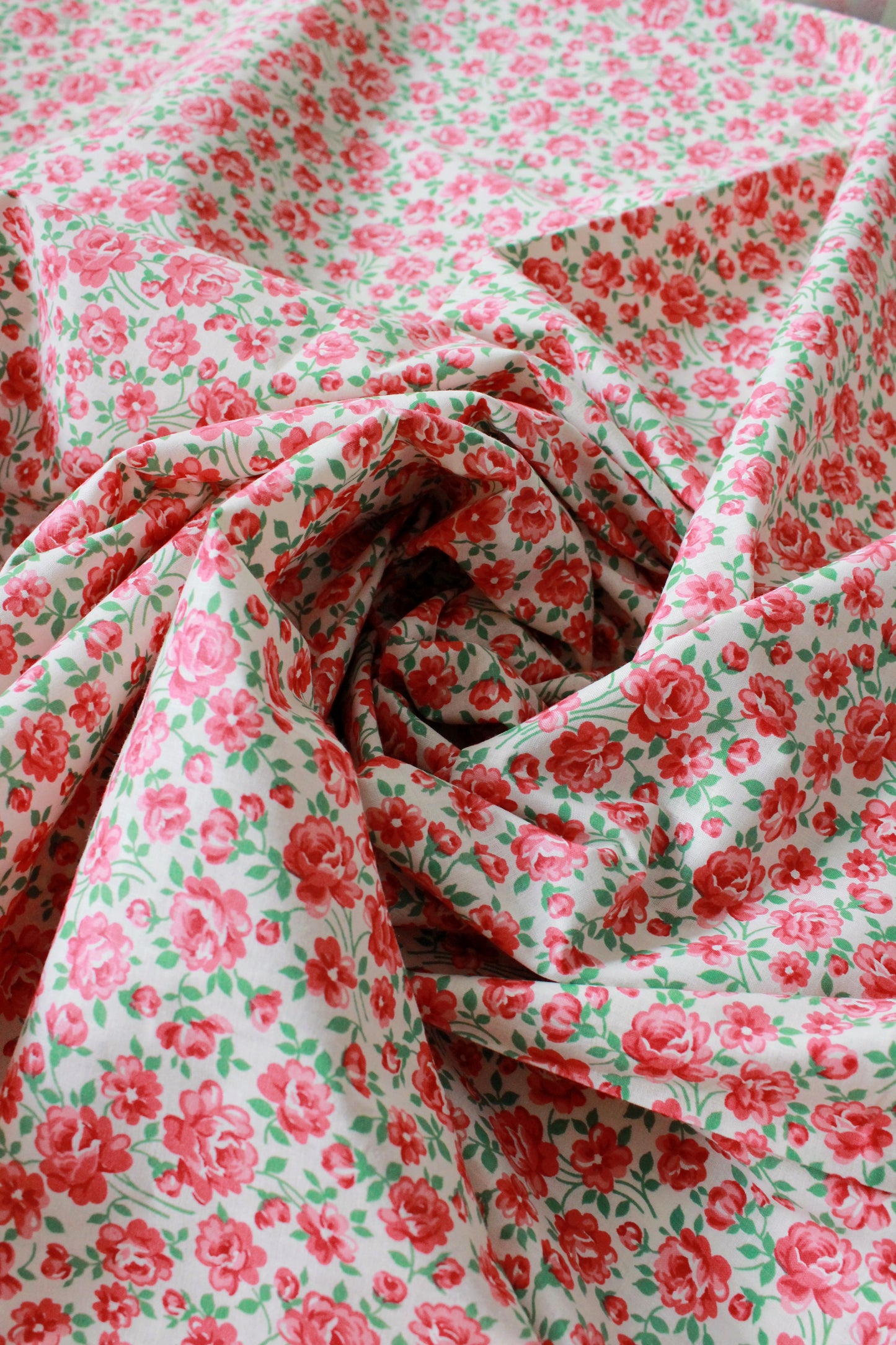 Vintage 1960s White/Red/Green Small Floral Cotton Fabric, 3.6 Yards