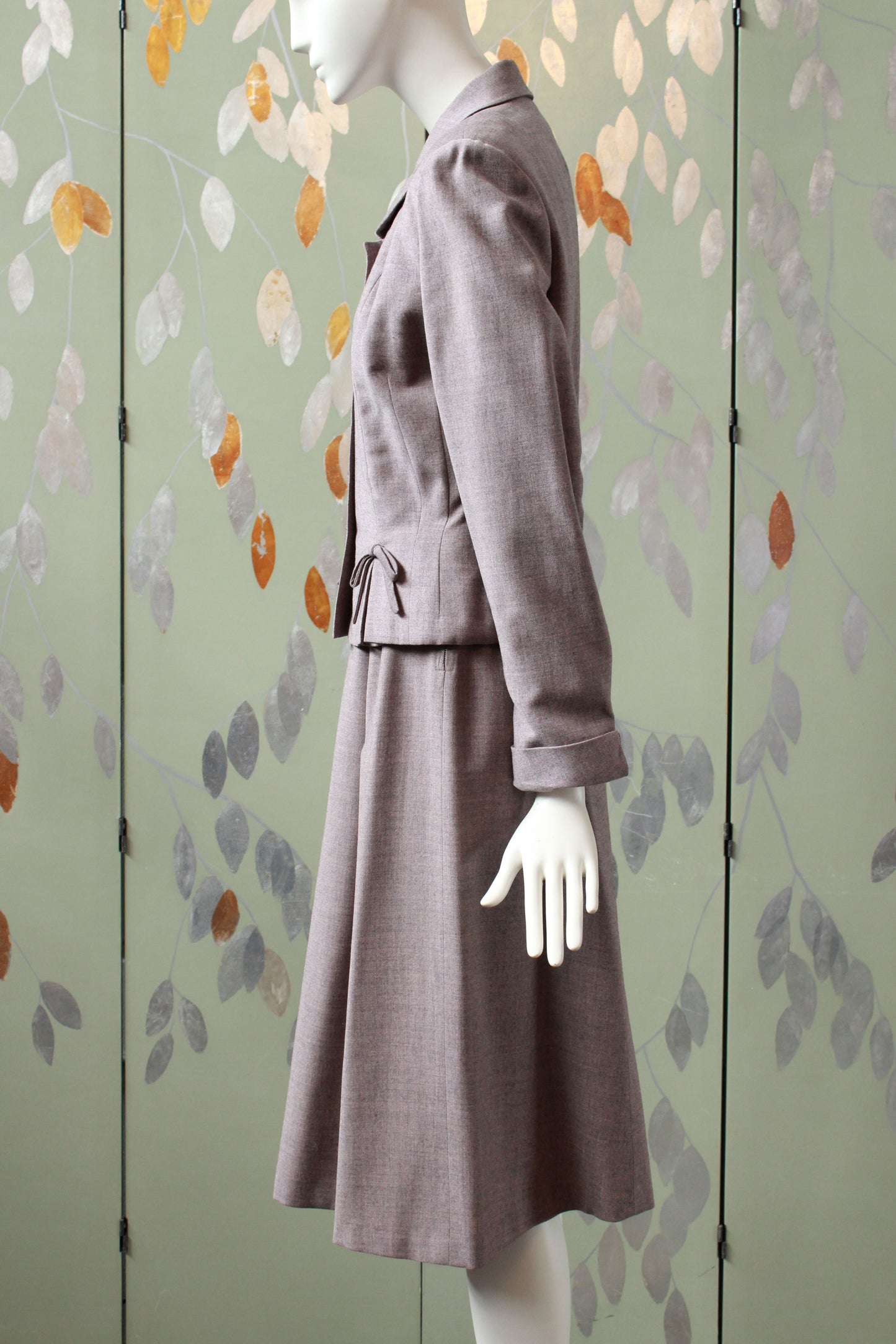 Vintage 1950s Taupe Flared Skirt Suit Set With Bows, XS