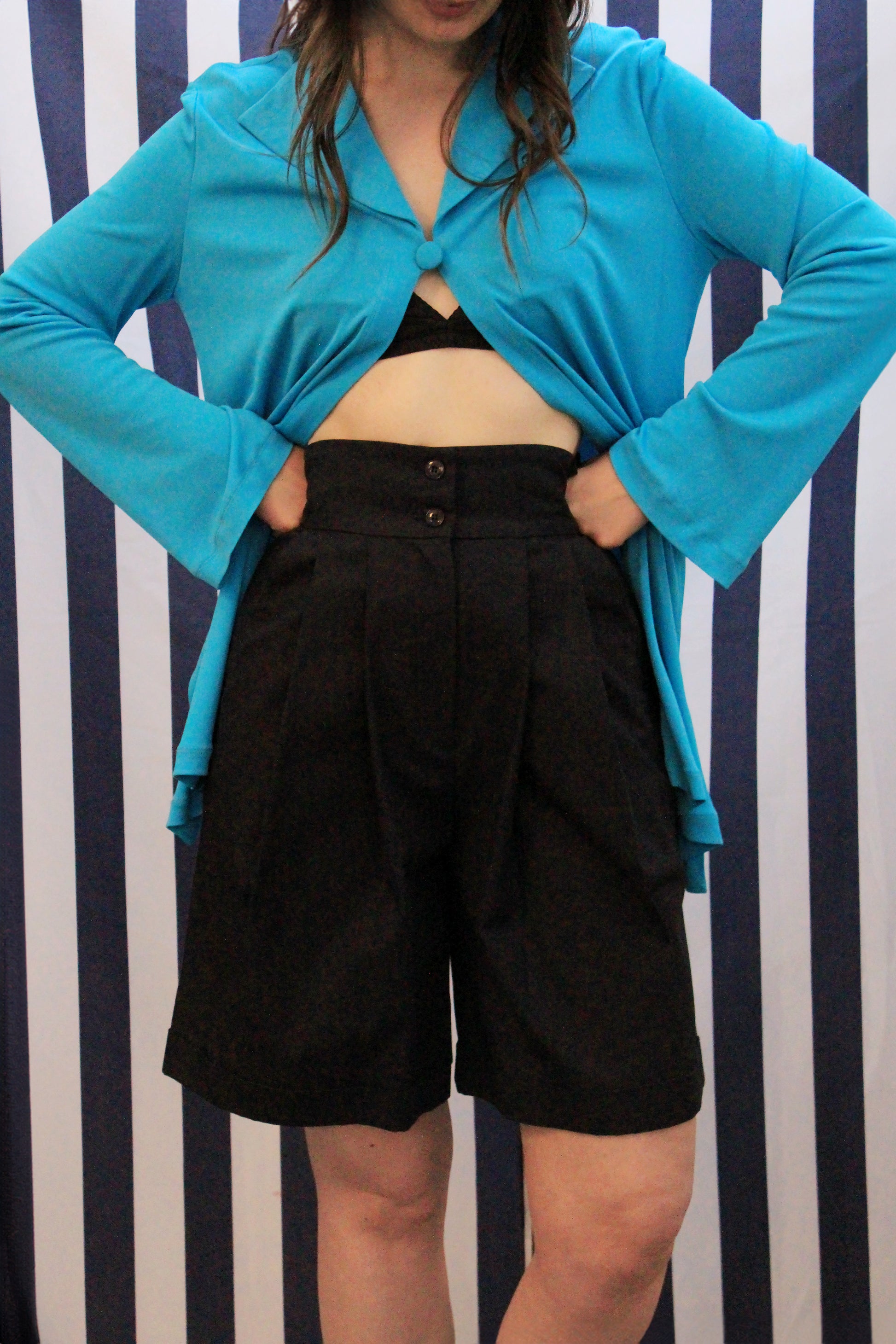 Vintage 1980s Deadstock Navy Blue Pleated Cuffed High Waist Bermuda Dress Shorts