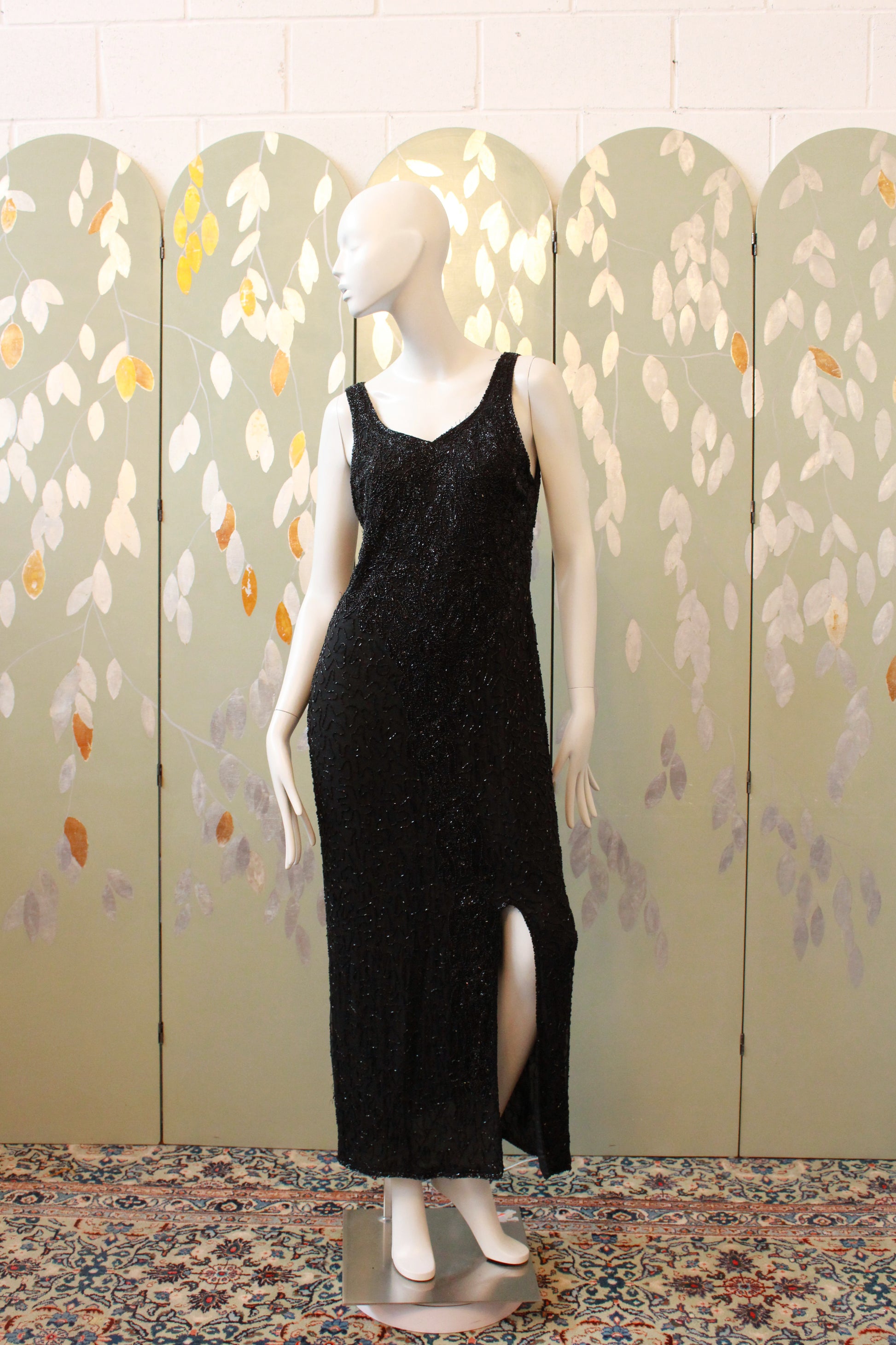 Vintage 1990s Beaded Silk Evening Gown With Slit, M