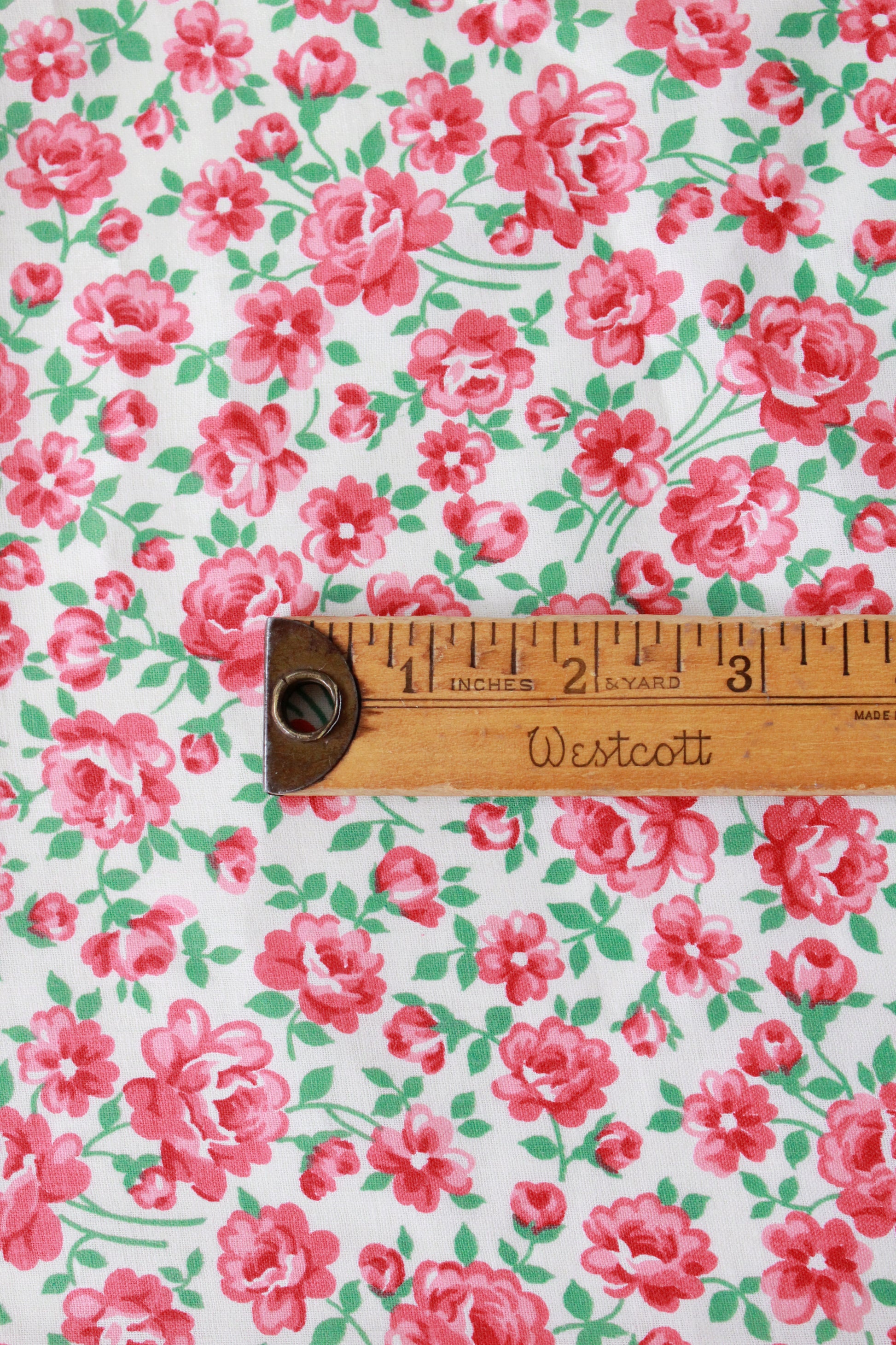 Vintage 1960s White/Red/Green Small Floral Cotton Fabric, 3.6 Yards