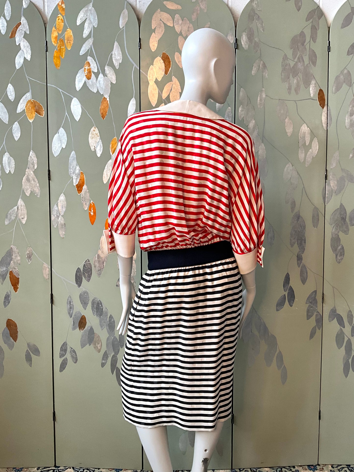 Vintage 1980s Akris Red, Navy and White Striped Silk Dress, Small