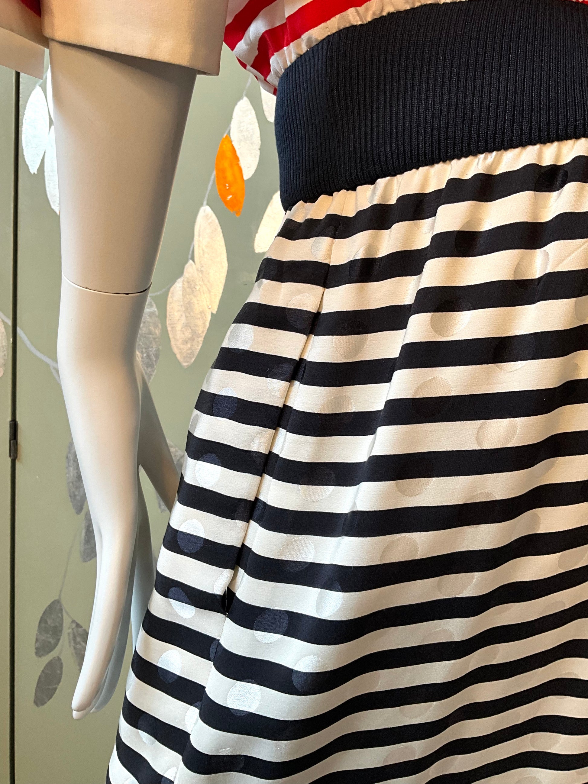 Vintage 1980s Akris Red, Navy and White Striped Silk Dress, Small