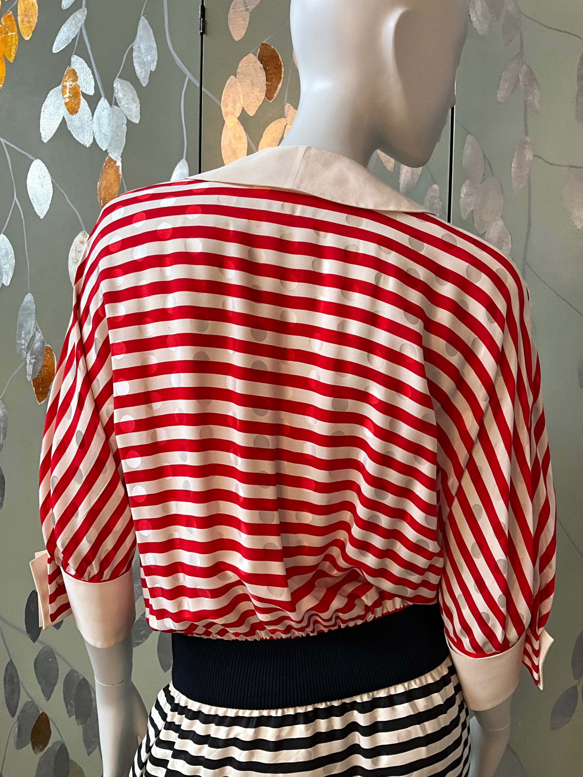 Vintage 1980s Akris Red, Navy and White Striped Silk Dress, Small