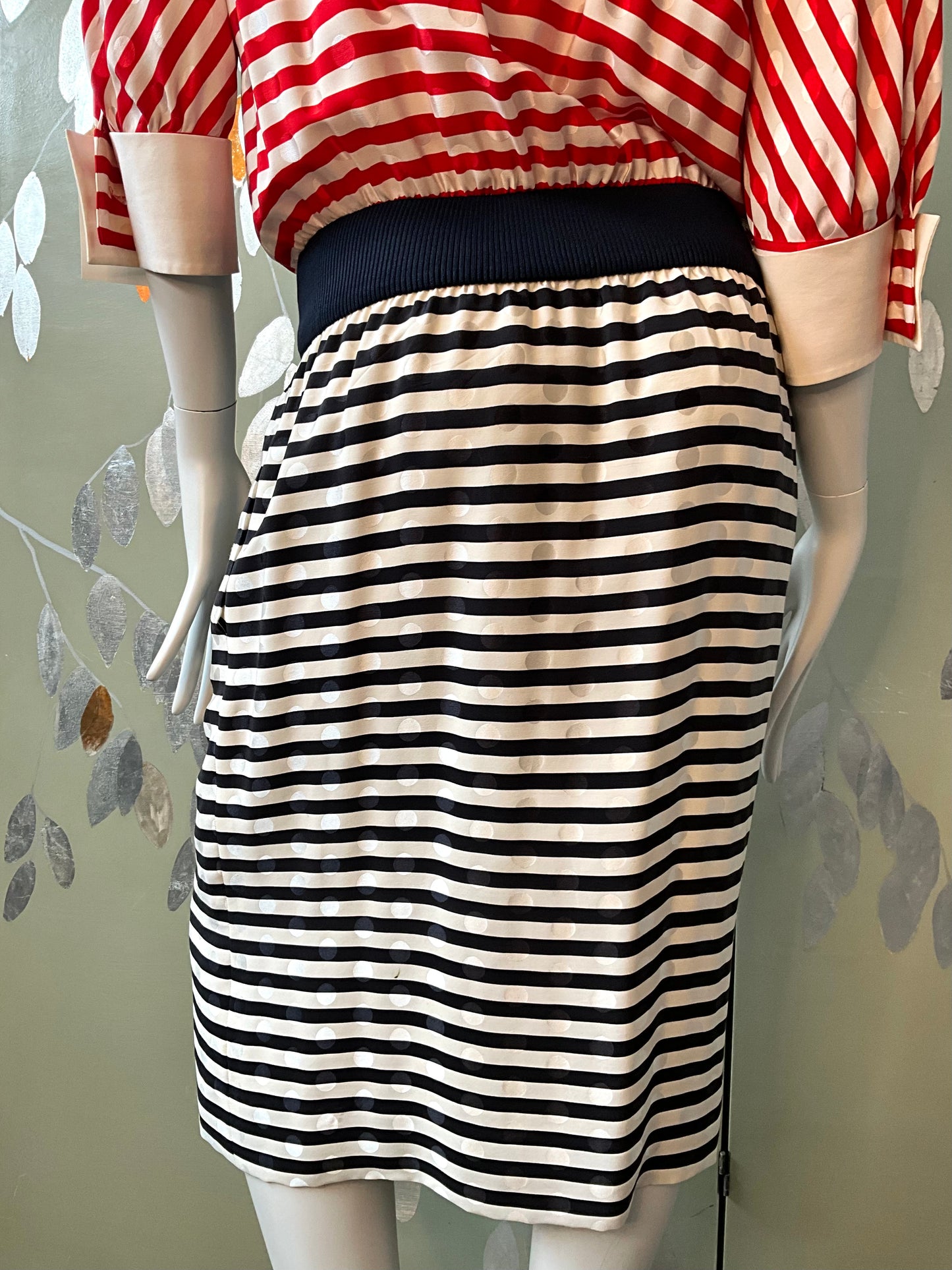 Vintage 1980s Akris Red, Navy and White Striped Silk Dress, Small