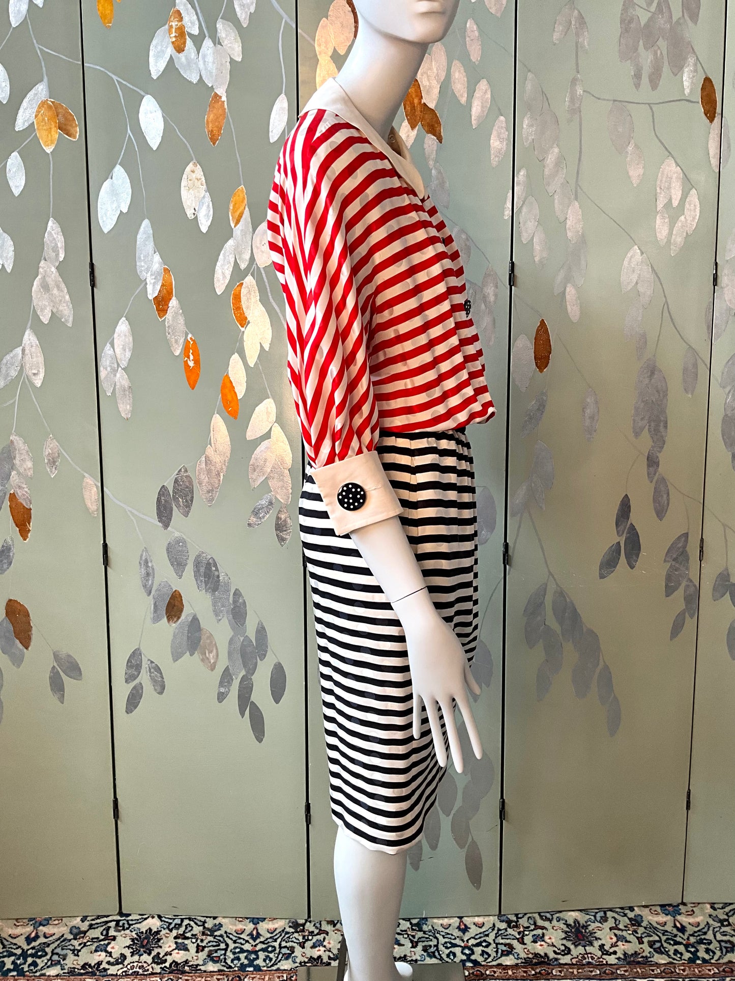 Vintage 1980s Akris Red, Navy and White Striped Silk Dress, Small