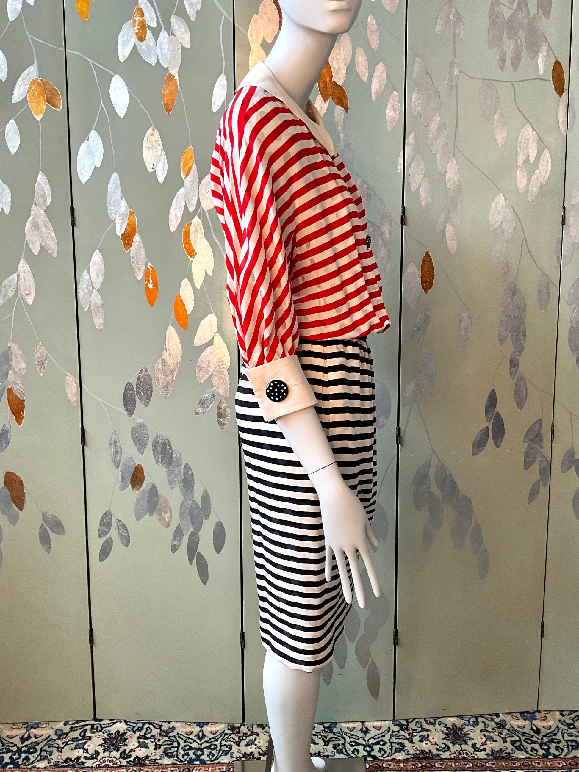 Vintage 1980s Akris Red, Navy and White Striped Silk Dress, Small