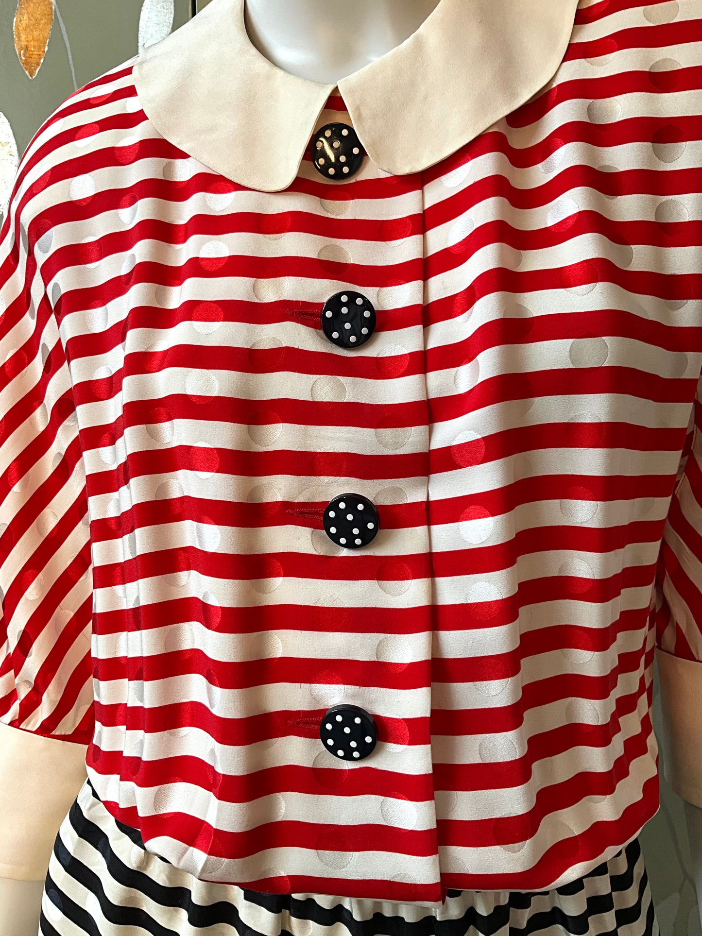 Vintage 1980s Akris Red, Navy and White Striped Silk Dress, Small