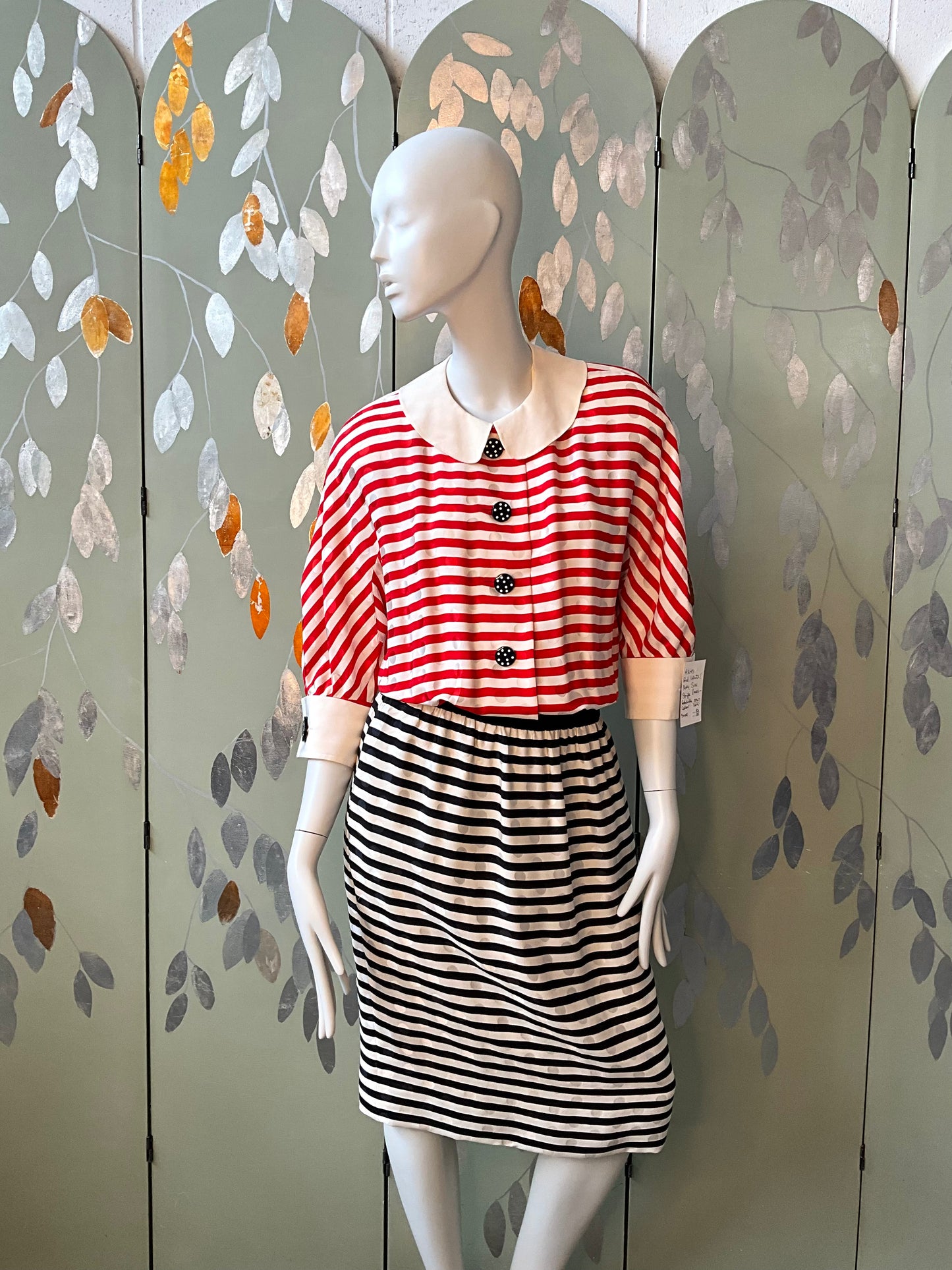 Vintage 1980s Akris Red, Navy and White Striped Silk Dress, Small