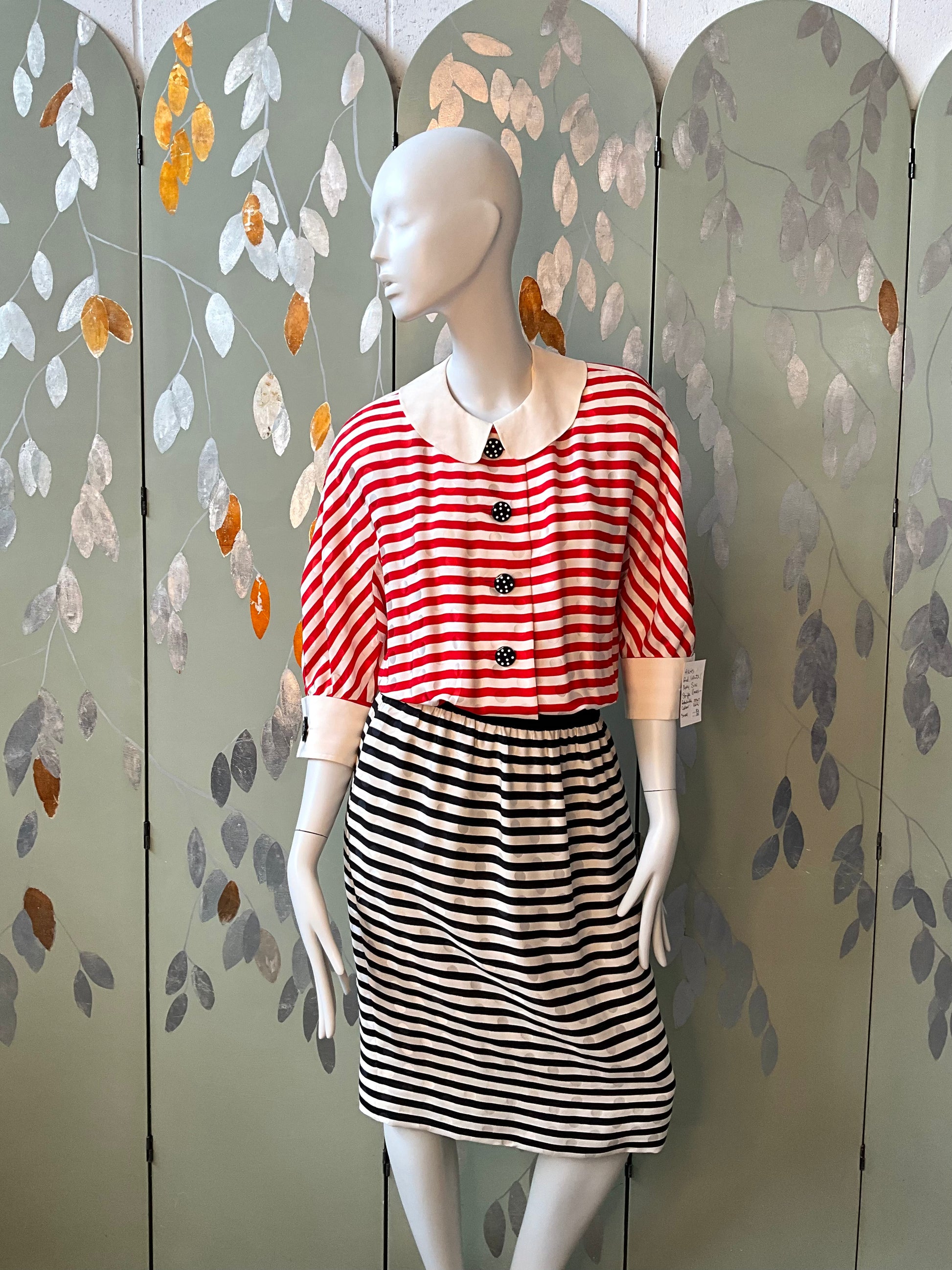 Vintage 1980s Akris Red, Navy and White Striped Silk Dress, Small