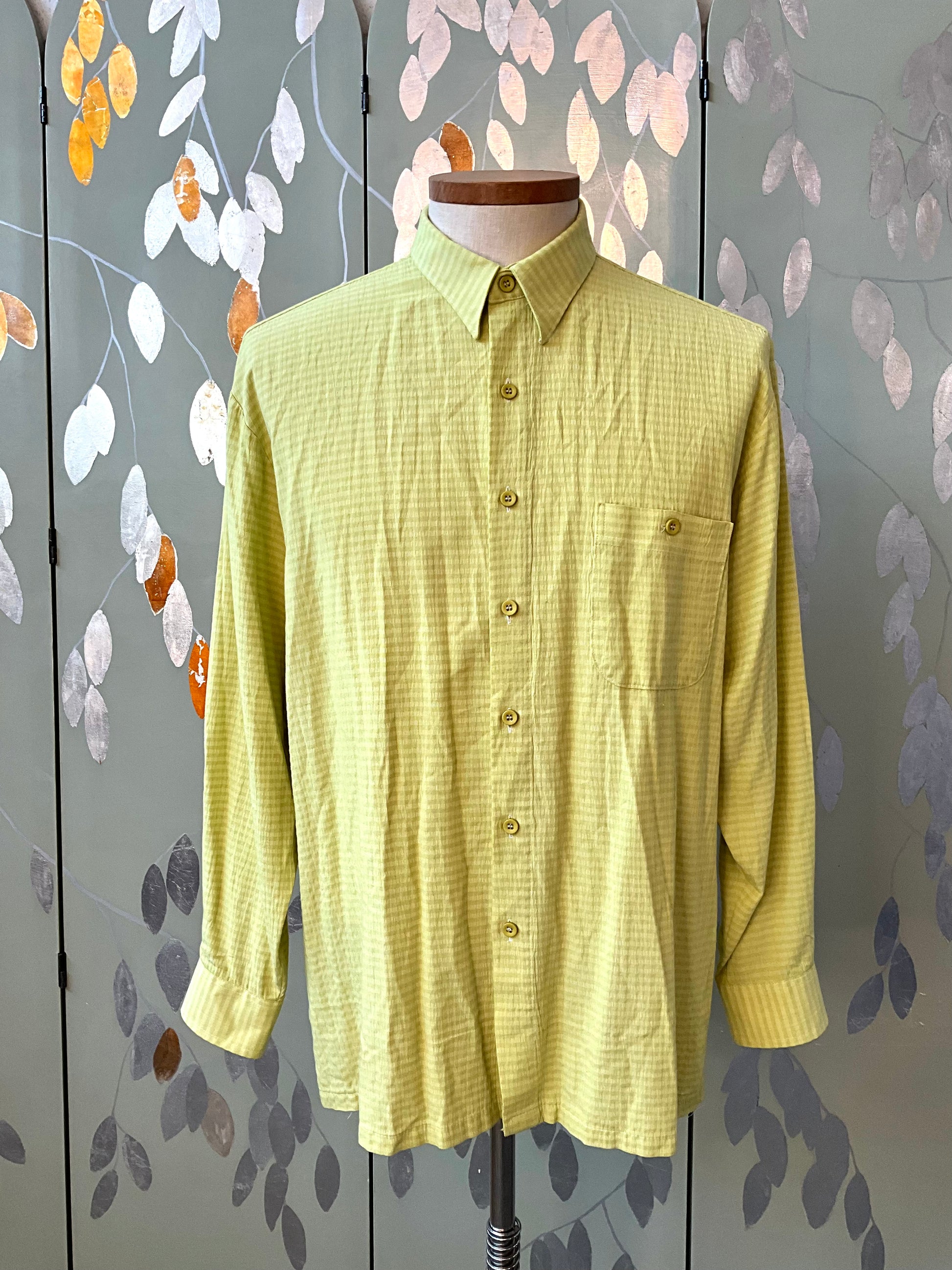 Vintage 1990s Men's Lime Green Striped Long Sleeve Button-Up Shirt, Large 