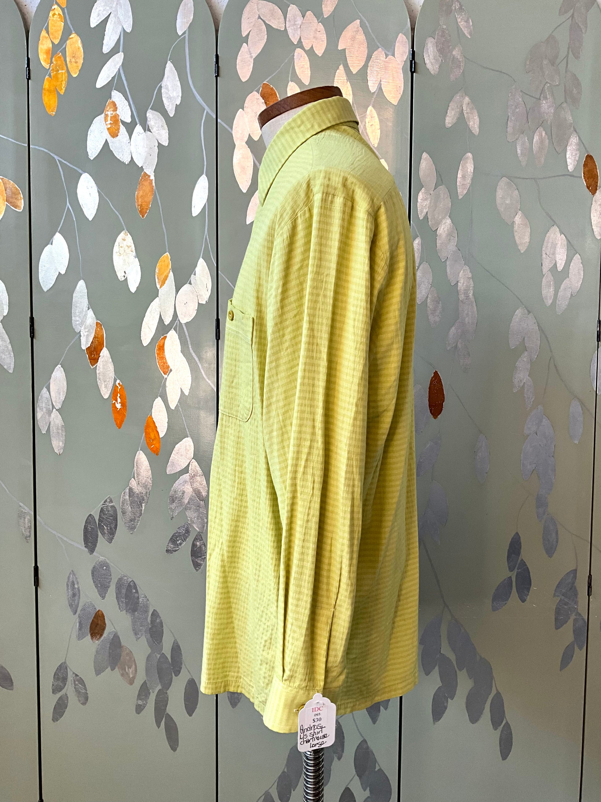 Vintage 1990s Men's Lime Green Striped Long Sleeve Button-Up Shirt, Large 