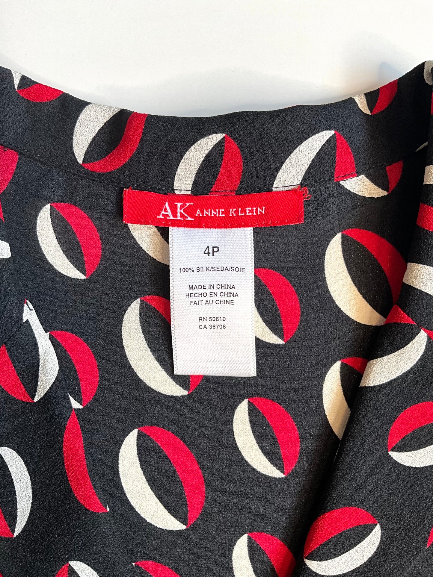 Vintage 2000s Anne Klein Black and Red Geometric Print Silk Blouse, XS