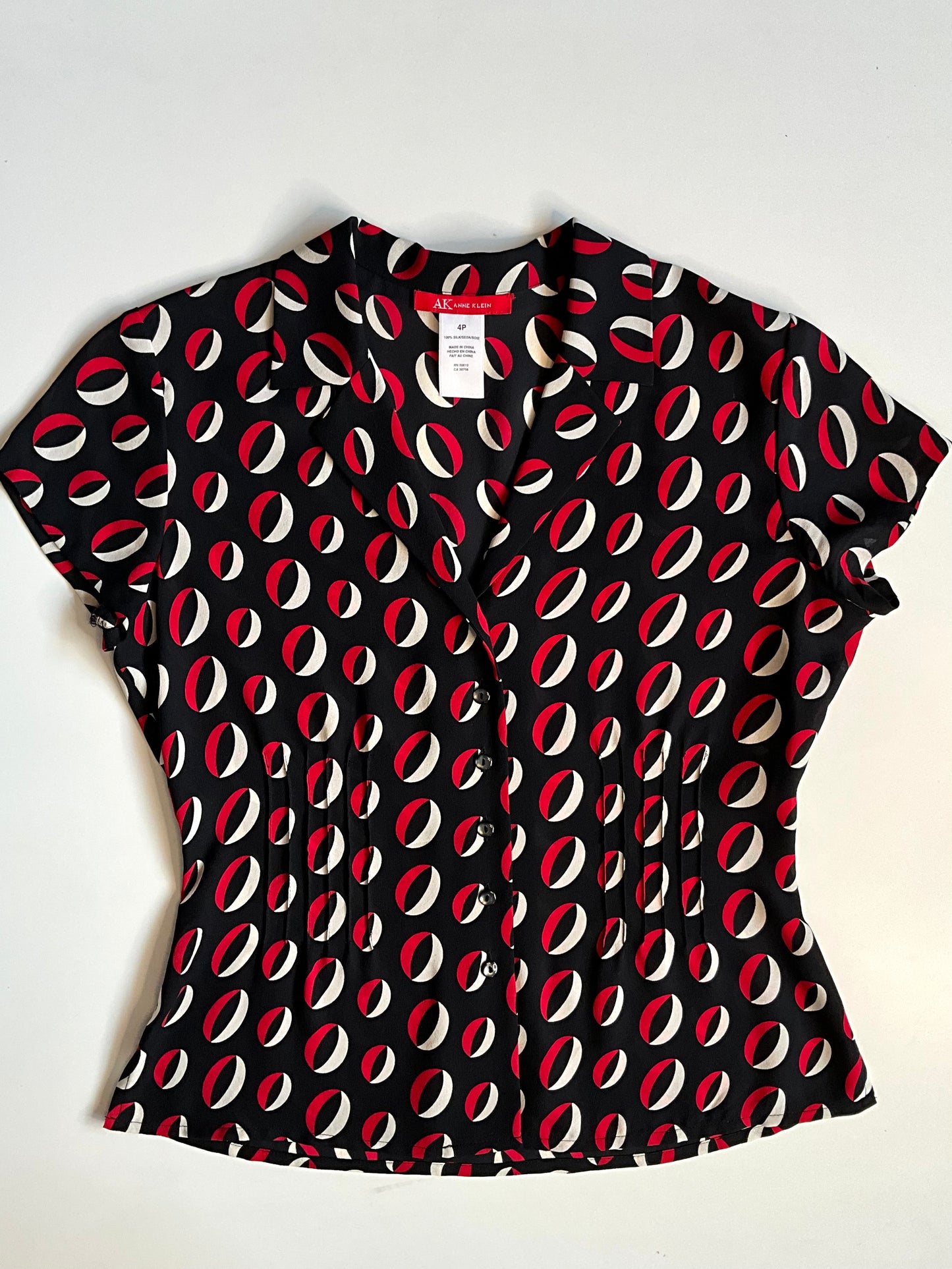 Vintage 2000s Anne Klein Black and Red Geometric Print Silk Blouse, XS