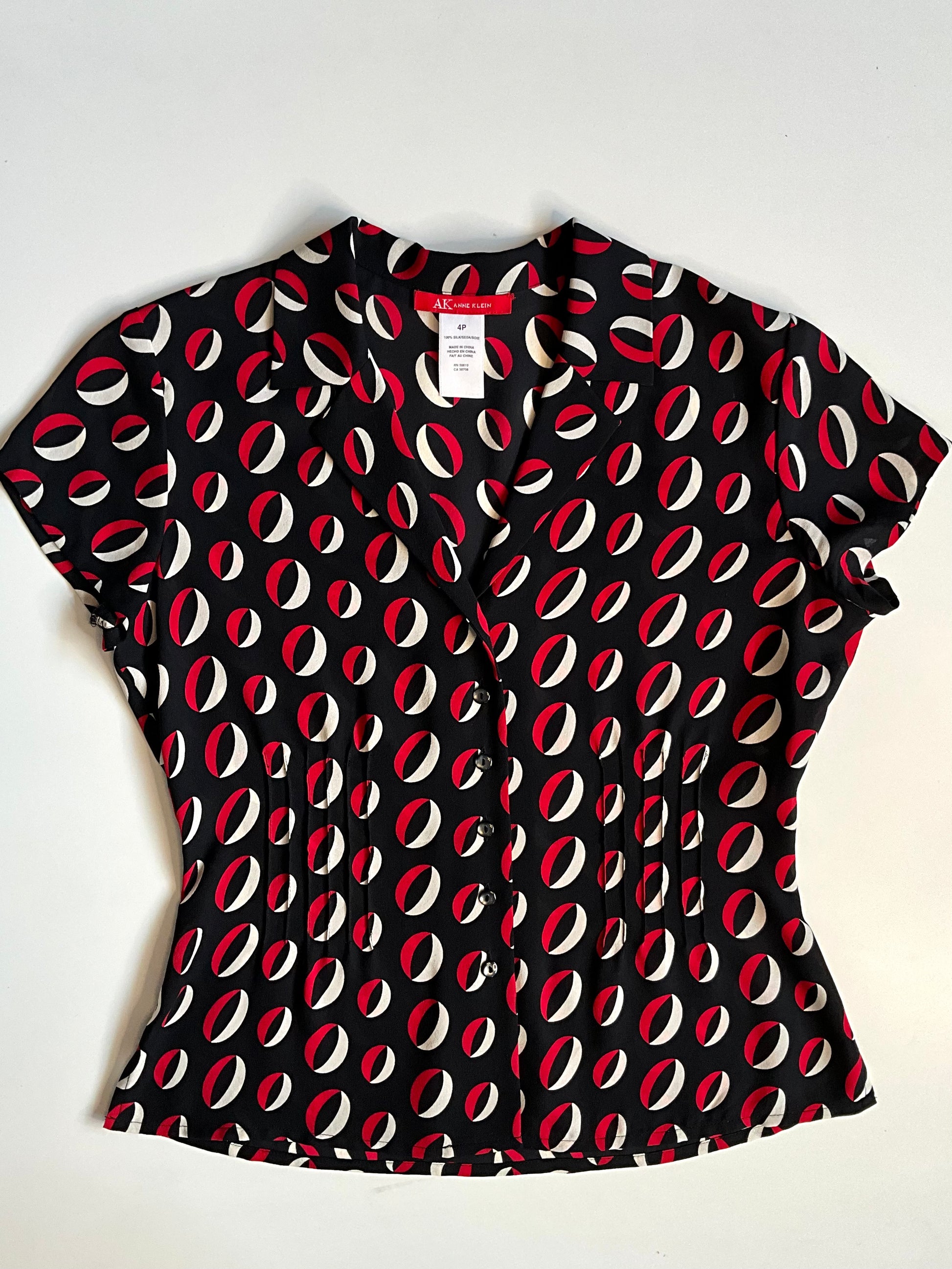 Vintage 2000s Anne Klein Black and Red Geometric Print Silk Blouse, XS