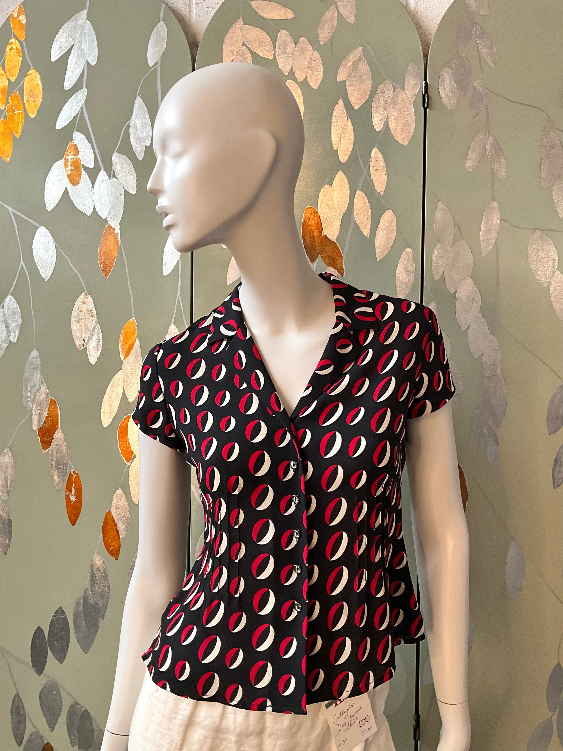 Vintage 2000s Anne Klein Black and Red Geometric Print Silk Blouse, XS
