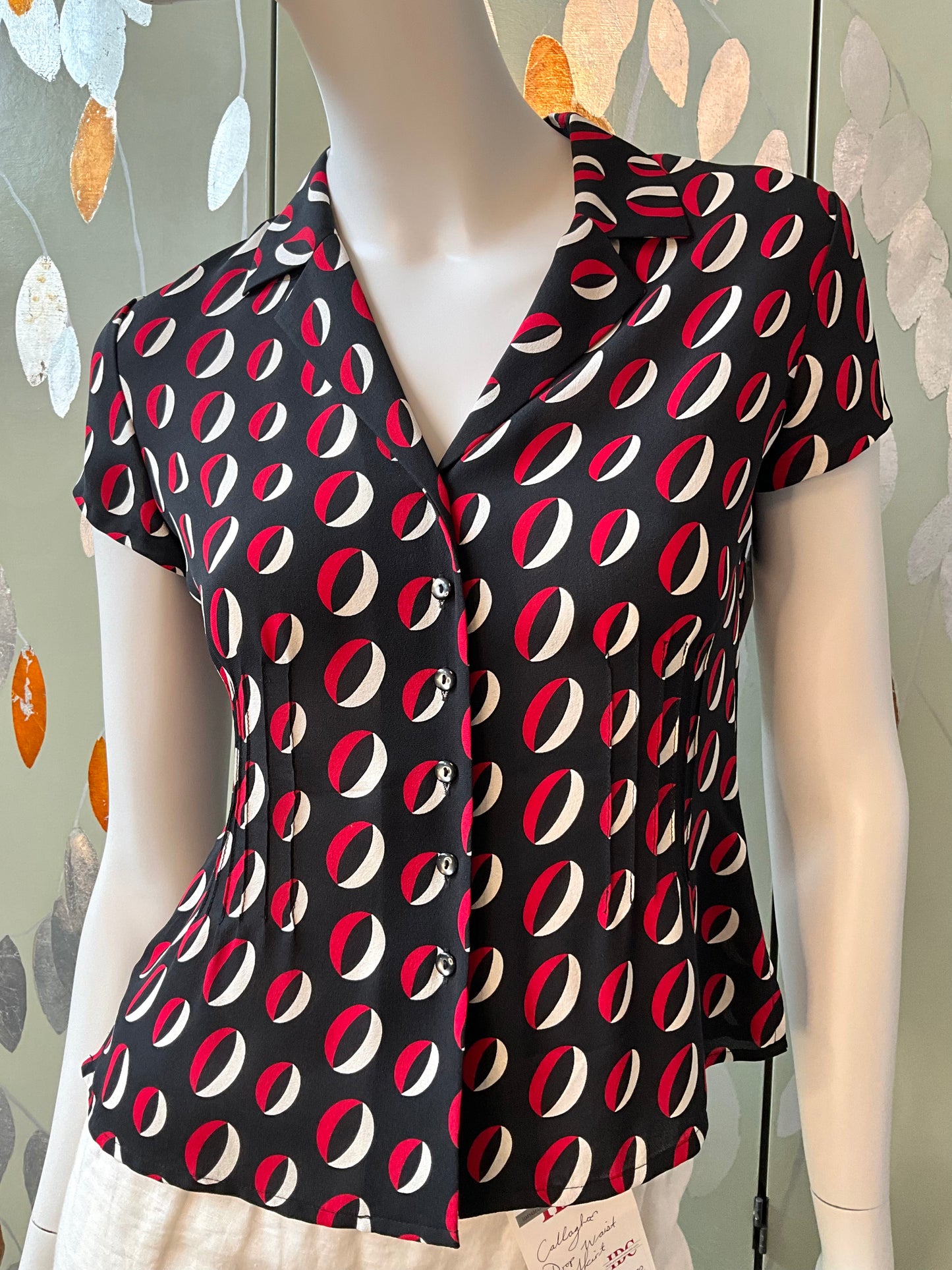 Vintage 2000s Anne Klein Black and Red Geometric Print Silk Blouse, XS