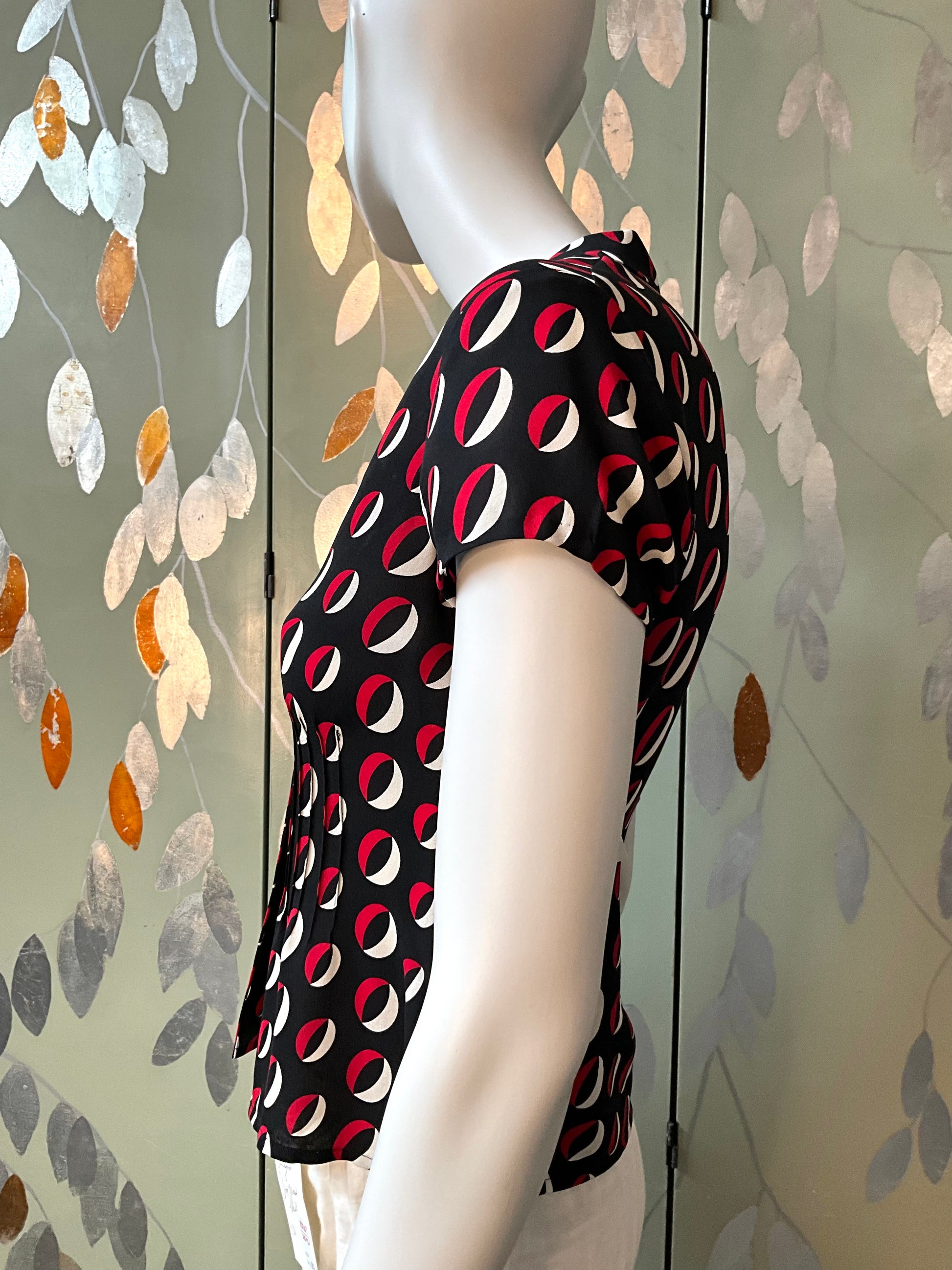 Vintage 2000s Anne Klein Black and Red Geometric Print Silk Blouse, XS